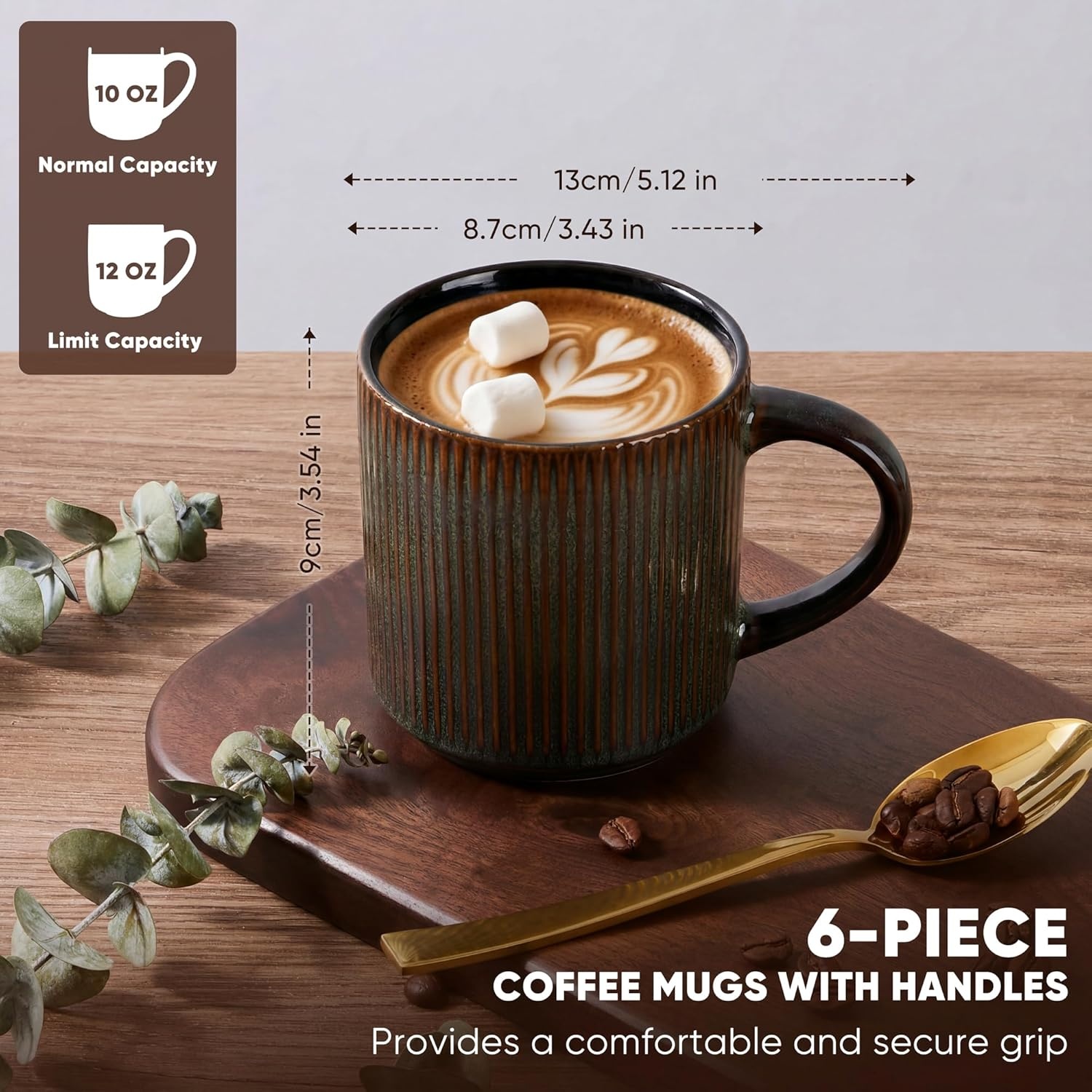 image:imageEfar 12 oz Coffee Mugs Set of 6 Stoneware Coffee Cups with Handle for Man Woman Modern Ribbed Ceramic Tea Mugs for Latte Cocoa Milk Microwave amp Dishwasher Safe Speckled WhiteBlackish Green