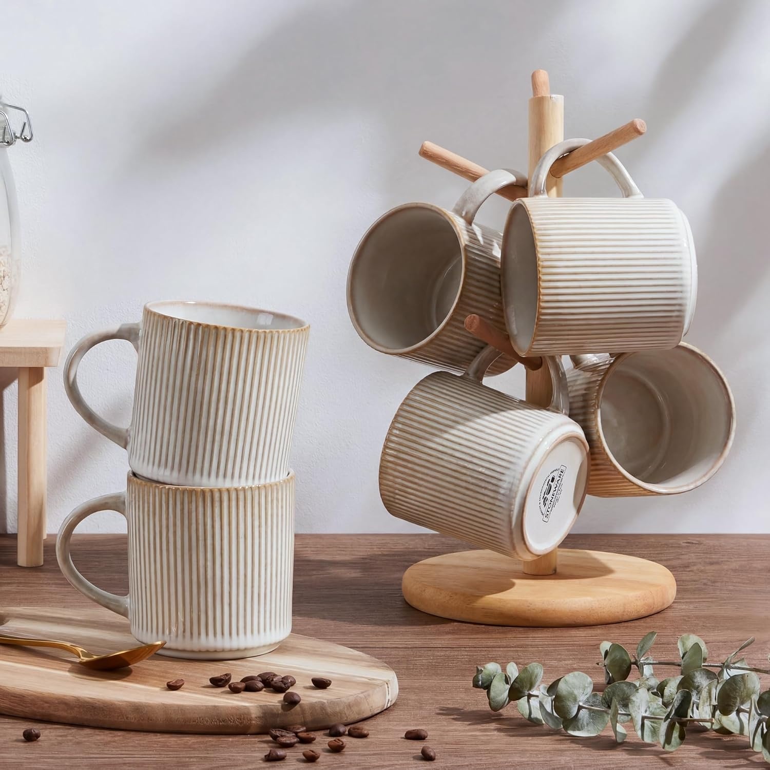 image:imageEfar 12 oz Coffee Mugs Set of 6 Stoneware Coffee Cups with Handle for Man Woman Modern Ribbed Ceramic Tea Mugs for Latte Cocoa Milk Microwave amp Dishwasher Safe Speckled WhiteCreamy Beige