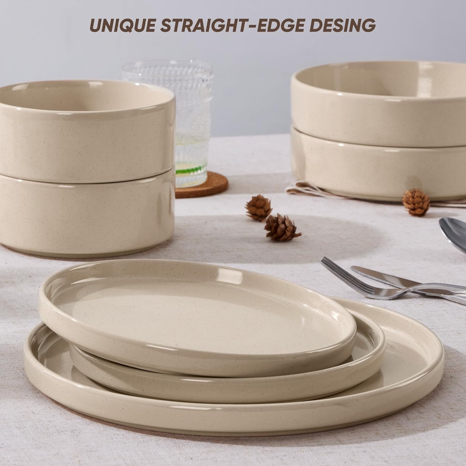 image:imageEfar 6Piece Stoneware Dinnerware Sets Plates and Bowls Set for 2 Kitchen Modern Dishes Set for Everyday amp Formal Chip and Scratch Resistant Microwave amp Dishwasher Safe Speckled GrayBright Khaki
