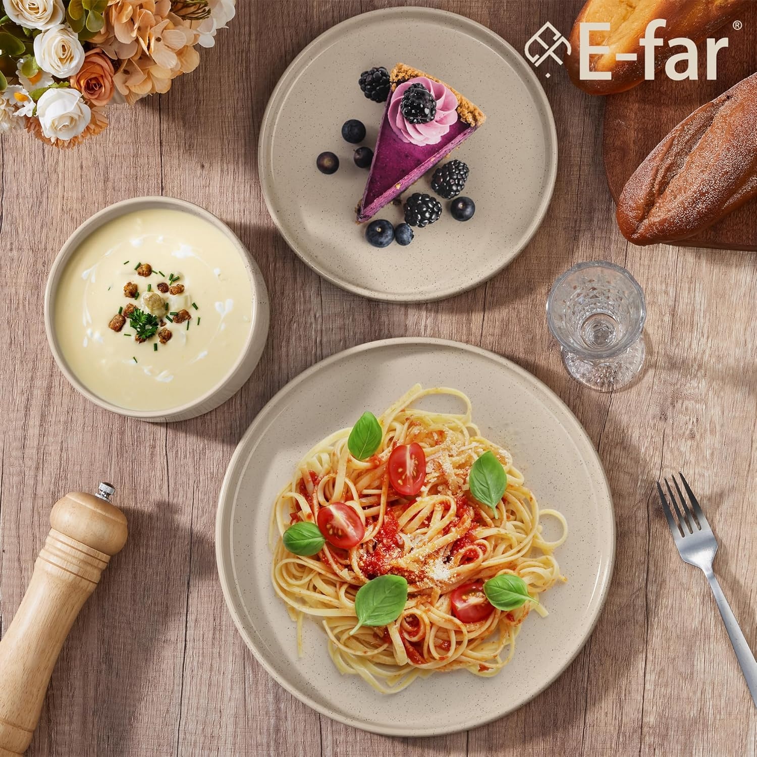 image:imageEfar 6Piece Stoneware Dinnerware Sets Plates and Bowls Set for 2 Kitchen Modern Dishes Set for Everyday amp Formal Chip and Scratch Resistant Microwave amp Dishwasher Safe Speckled GrayBright Khaki