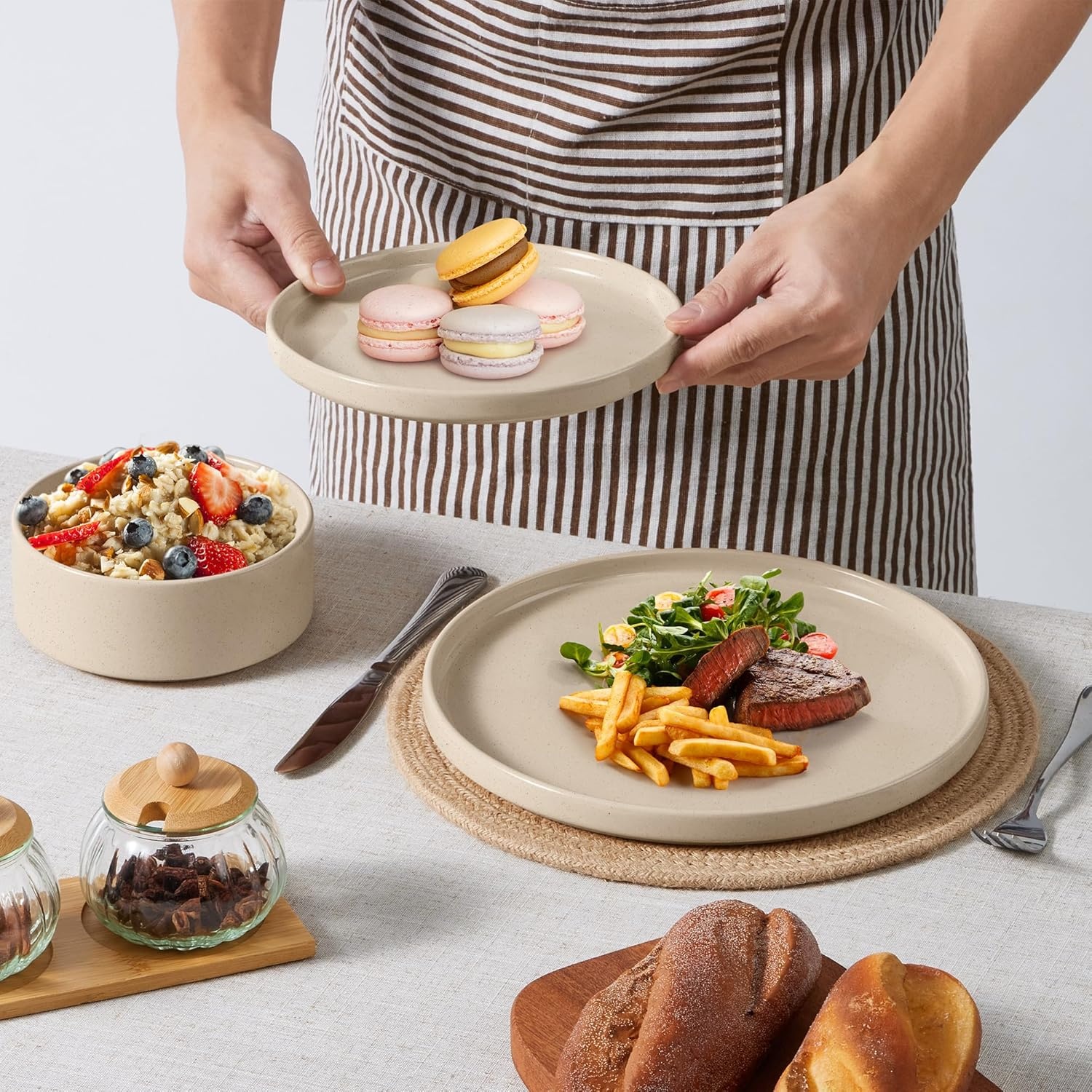 image:imageEfar 6Piece Stoneware Dinnerware Sets Plates and Bowls Set for 2 Kitchen Modern Dishes Set for Everyday amp Formal Chip and Scratch Resistant Microwave amp Dishwasher Safe Speckled GrayBright Khaki