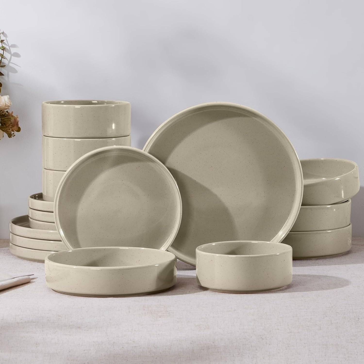image:imageEfar 6Piece Stoneware Dinnerware Sets Plates and Bowls Set for 2 Kitchen Modern Dishes Set for Everyday amp Formal Chip and Scratch Resistant Microwave amp Dishwasher Safe Speckled GrayDeep Khaki
