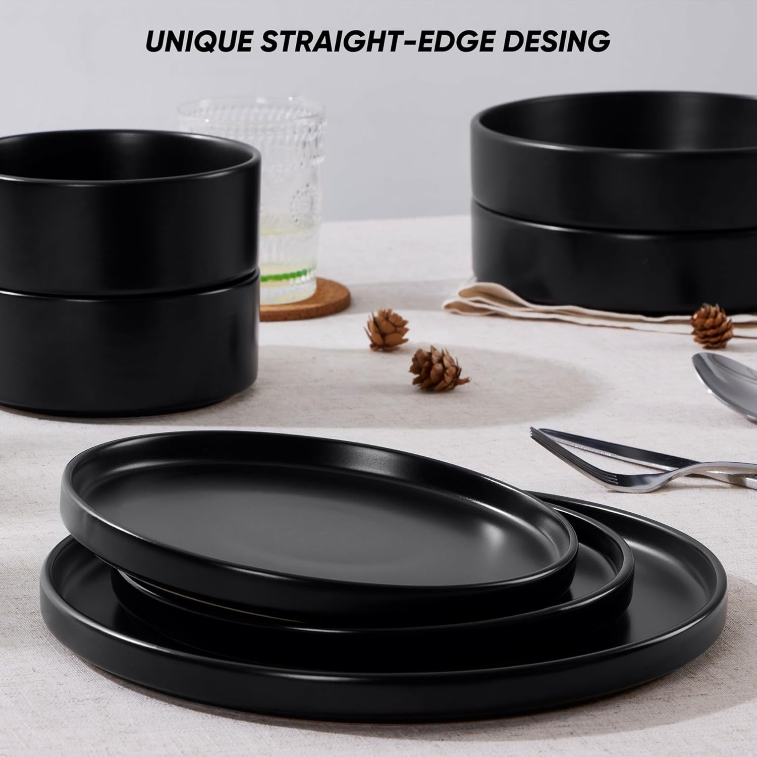 image:imageEfar 6Piece Stoneware Dinnerware Sets Plates and Bowls Set for 2 Kitchen Modern Dishes Set for Everyday amp Formal Chip and Scratch Resistant Microwave amp Dishwasher Safe Speckled GrayMatte Black