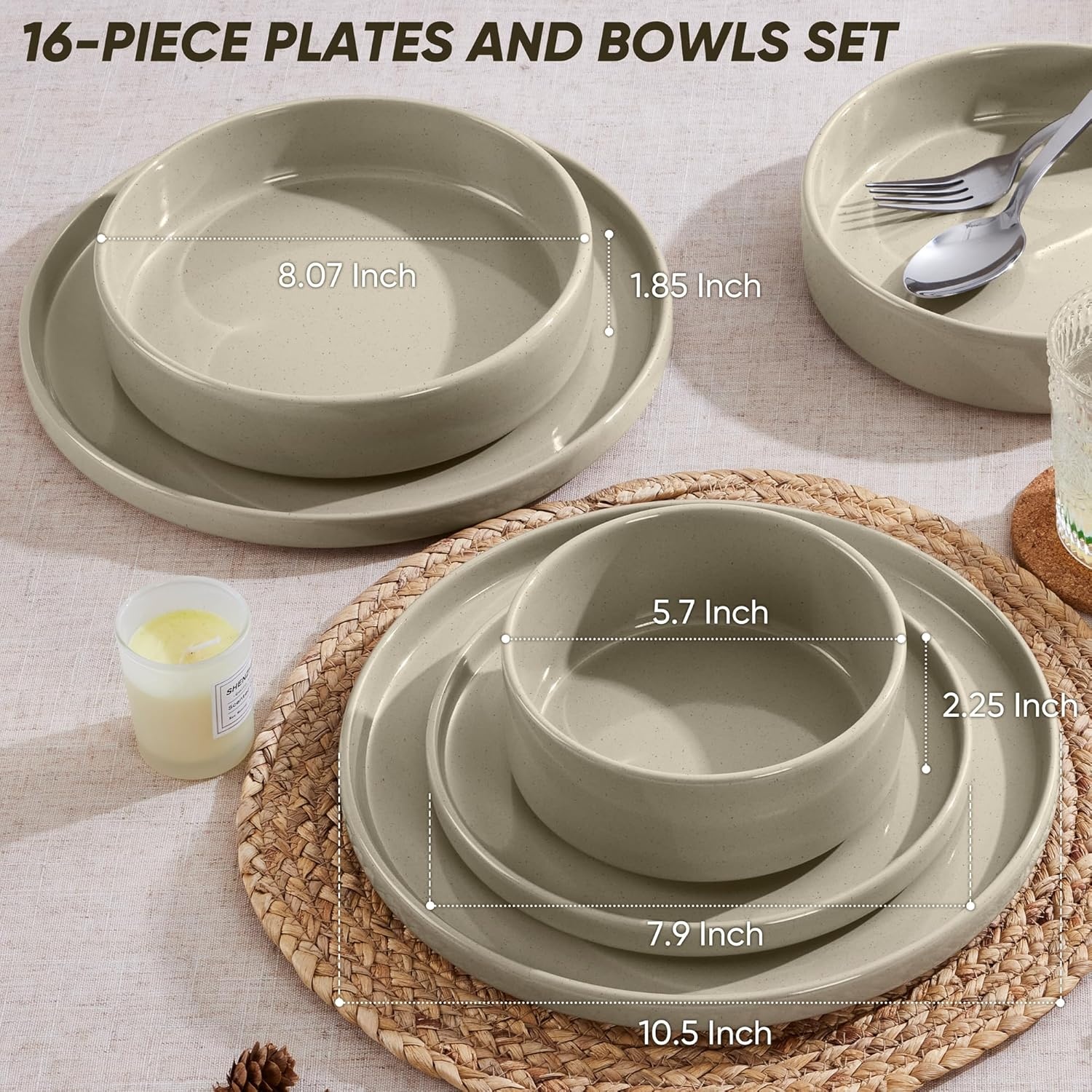 image:imageEfar 6Piece Stoneware Dinnerware Sets Plates and Bowls Set for 2 Kitchen Modern Dishes Set for Everyday amp Formal Chip and Scratch Resistant Microwave amp Dishwasher Safe Speckled GrayDeep Khaki