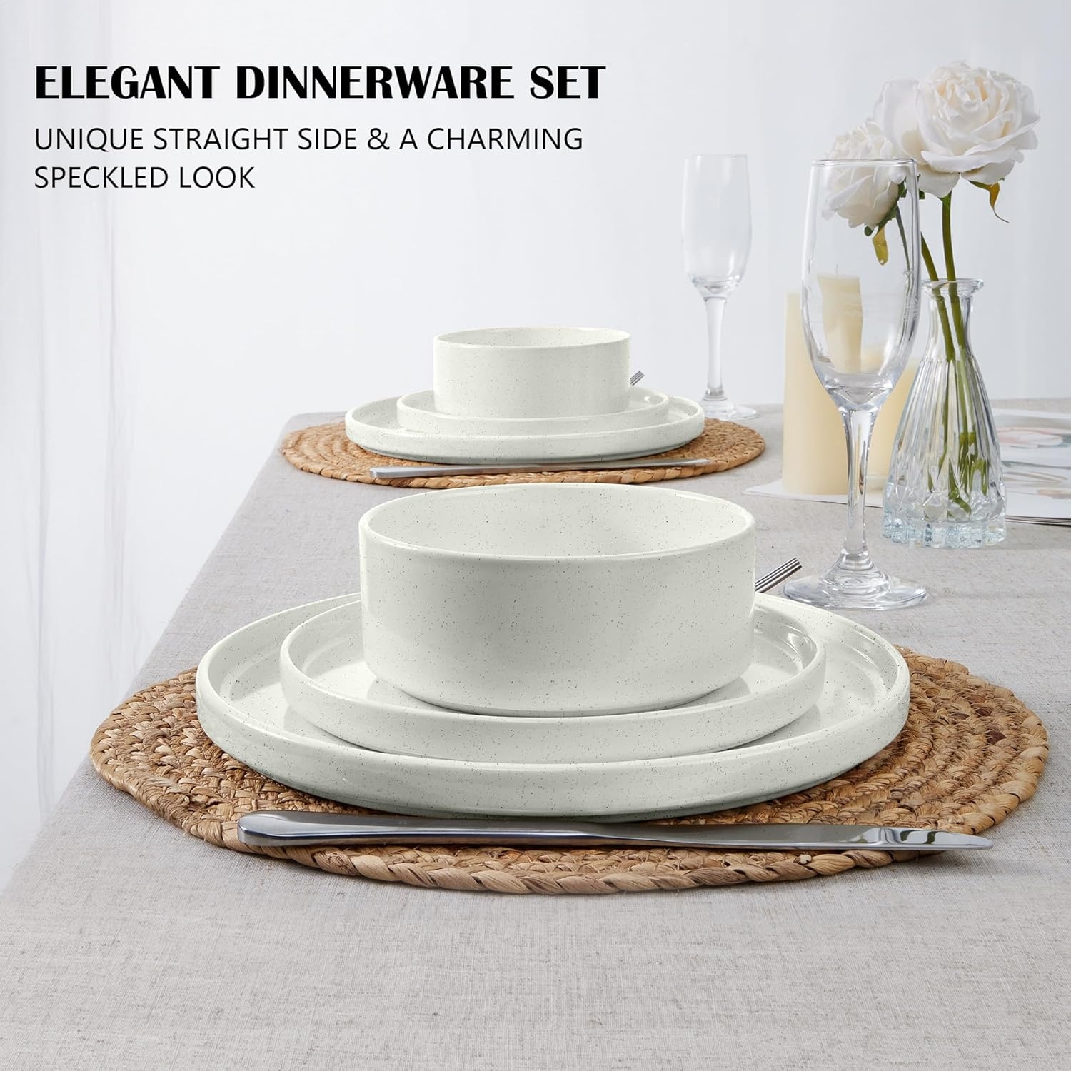 image:imageEfar 6Piece Stoneware Dinnerware Sets Plates and Bowls Set for 2 Kitchen Modern Dishes Set for Everyday amp Formal Chip and Scratch Resistant Microwave amp Dishwasher Safe Speckled GrayStone White