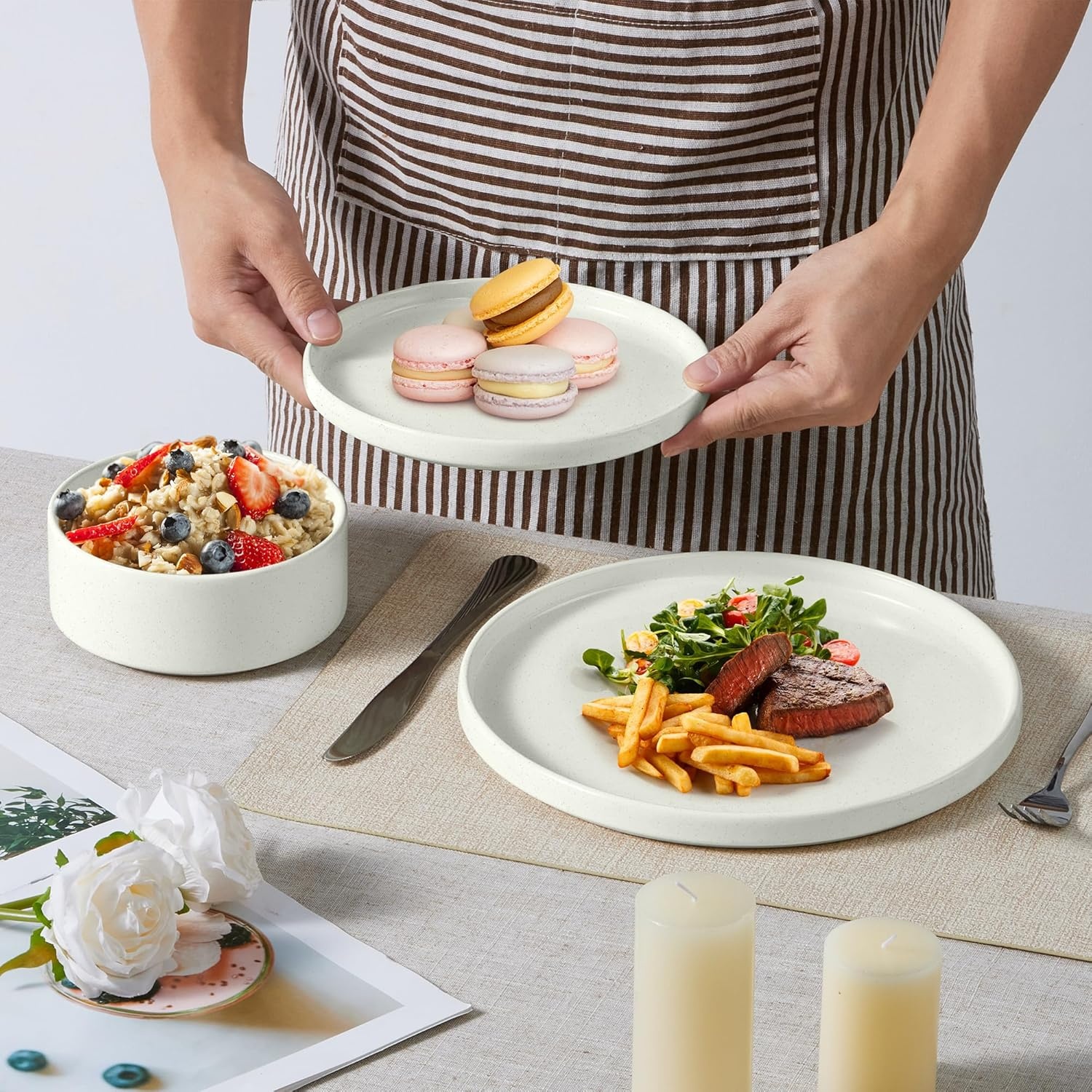 image:imageEfar 6Piece Stoneware Dinnerware Sets Plates and Bowls Set for 2 Kitchen Modern Dishes Set for Everyday amp Formal Chip and Scratch Resistant Microwave amp Dishwasher Safe Speckled GrayStone White