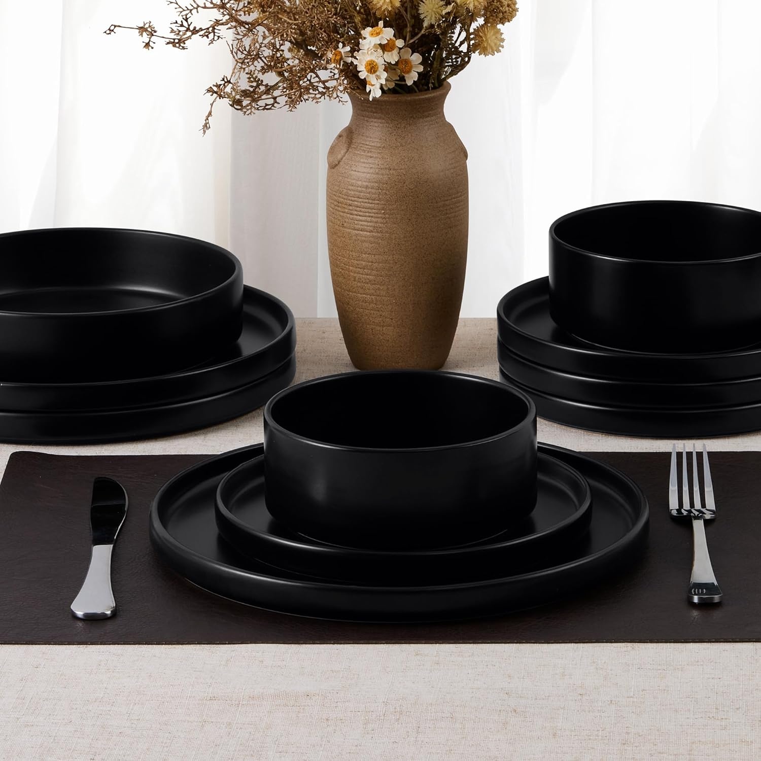 image:imageEfar 6Piece Stoneware Dinnerware Sets Plates and Bowls Set for 2 Kitchen Modern Dishes Set for Everyday amp Formal Chip and Scratch Resistant Microwave amp Dishwasher Safe Speckled GrayMatte Black