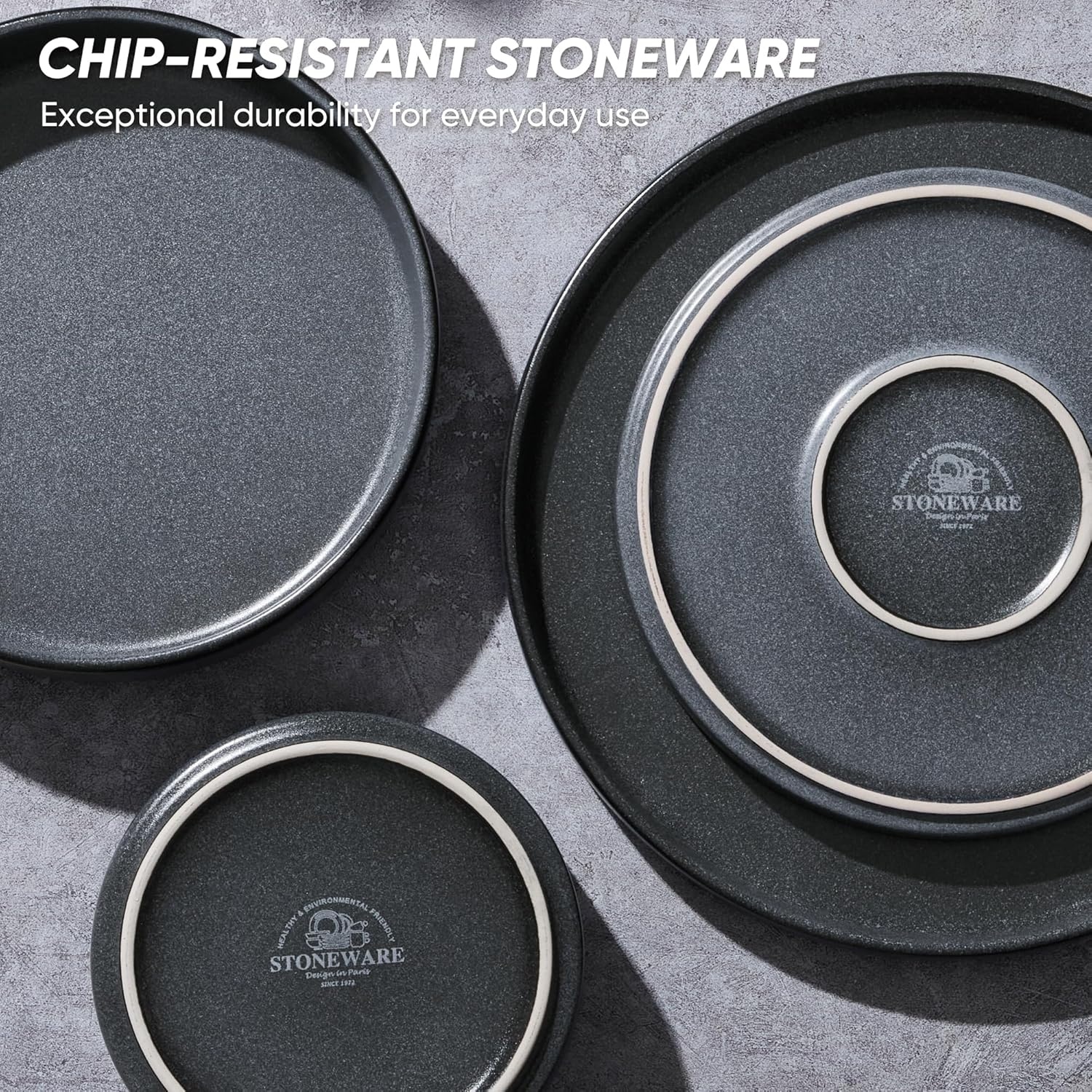 image:imageEfar 6Piece Stoneware Dinnerware Sets Plates and Bowls Set for 2 Kitchen Modern Dishes Set for Everyday amp Formal Chip and Scratch Resistant Microwave amp Dishwasher Safe Speckled GrayDeep Gray