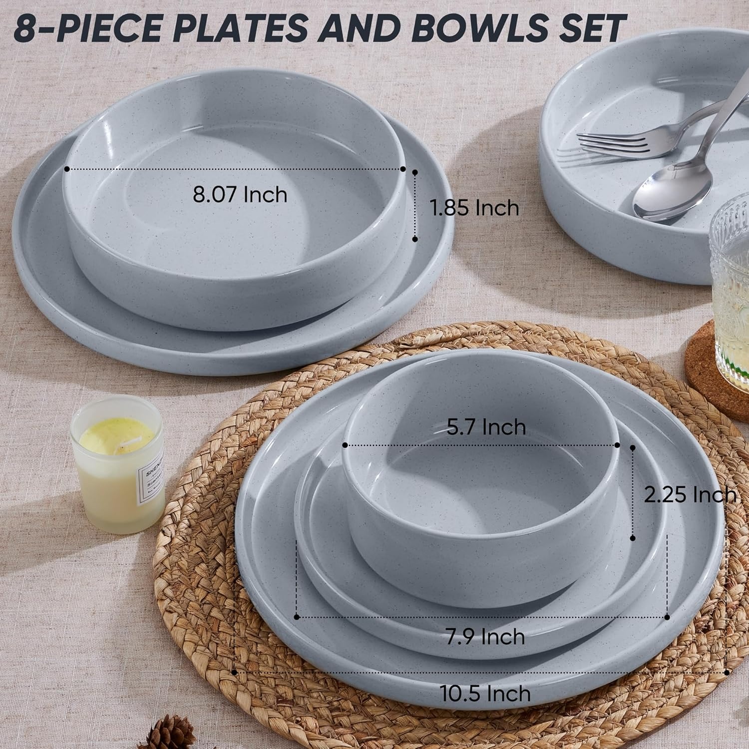 image:imageEfar 6Piece Stoneware Dinnerware Sets Plates and Bowls Set for 2 Kitchen Modern Dishes Set for Everyday amp Formal Chip and Scratch Resistant Microwave amp Dishwasher Safe Speckled GrayHaze Gray