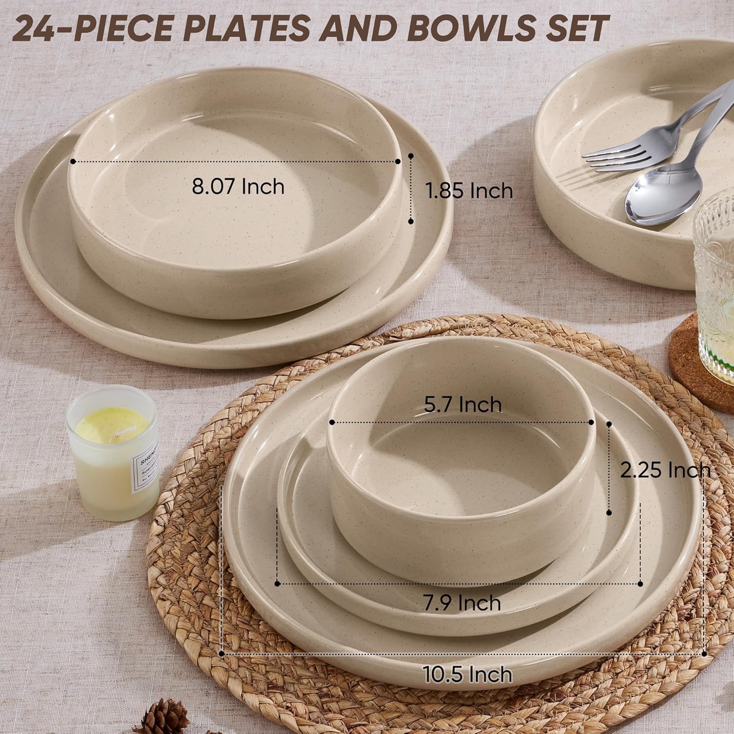 image:imageEfar 6Piece Stoneware Dinnerware Sets Plates and Bowls Set for 2 Kitchen Modern Dishes Set for Everyday amp Formal Chip and Scratch Resistant Microwave amp Dishwasher Safe Speckled GrayBright Khaki