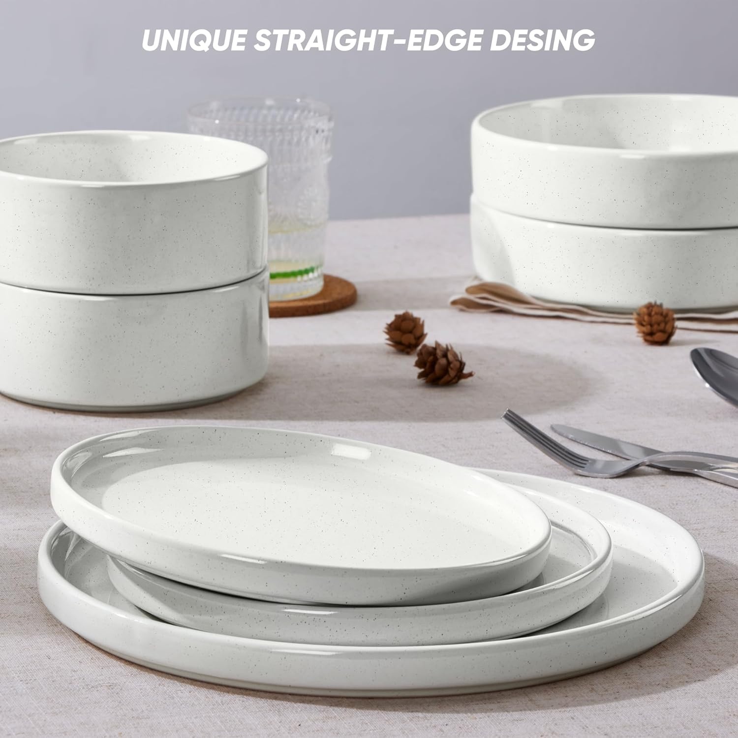 image:imageEfar 6Piece Stoneware Dinnerware Sets Plates and Bowls Set for 2 Kitchen Modern Dishes Set for Everyday amp Formal Chip and Scratch Resistant Microwave amp Dishwasher Safe Speckled GrayStone White
