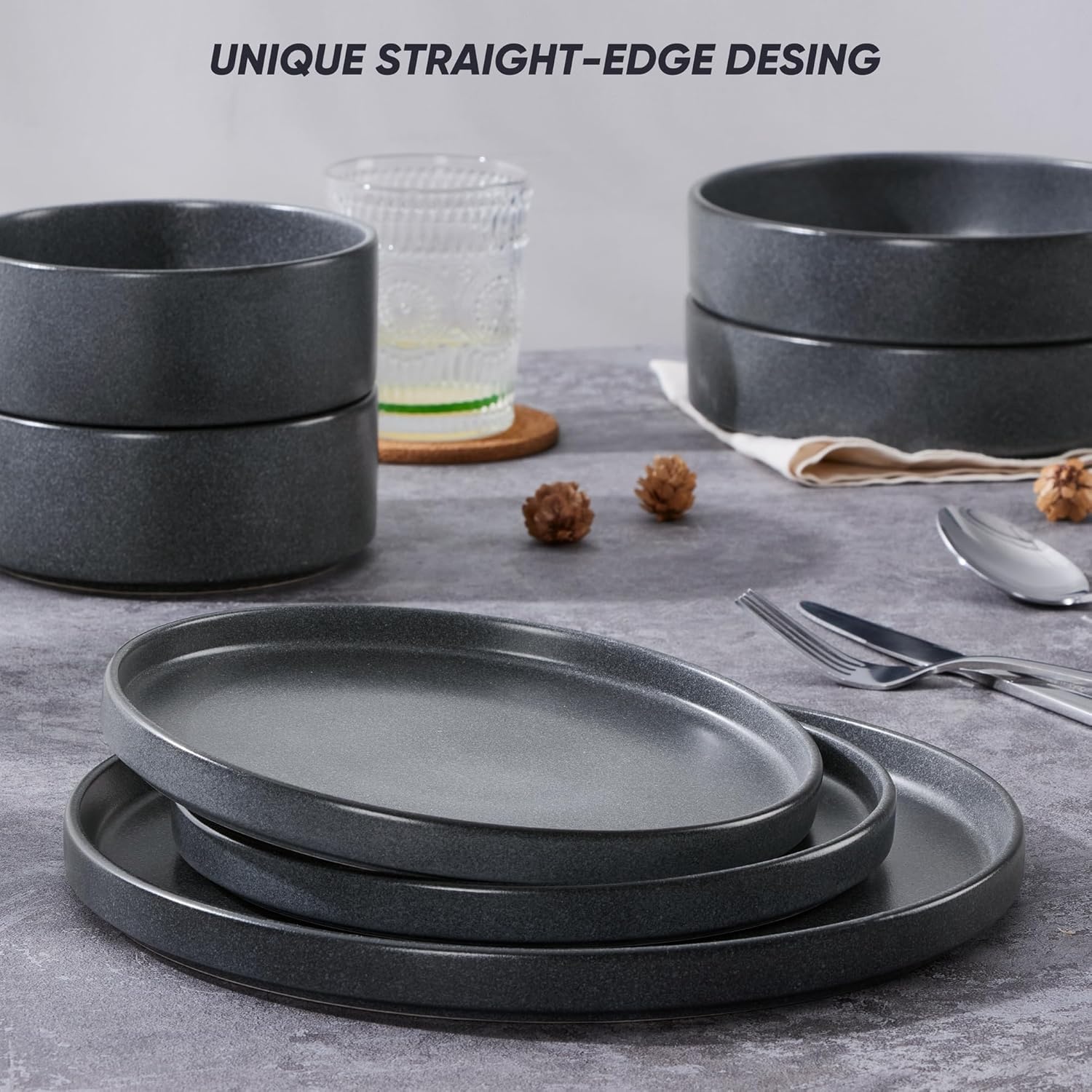 image:imageEfar 6Piece Stoneware Dinnerware Sets Plates and Bowls Set for 2 Kitchen Modern Dishes Set for Everyday amp Formal Chip and Scratch Resistant Microwave amp Dishwasher Safe Speckled GrayDeep Gray