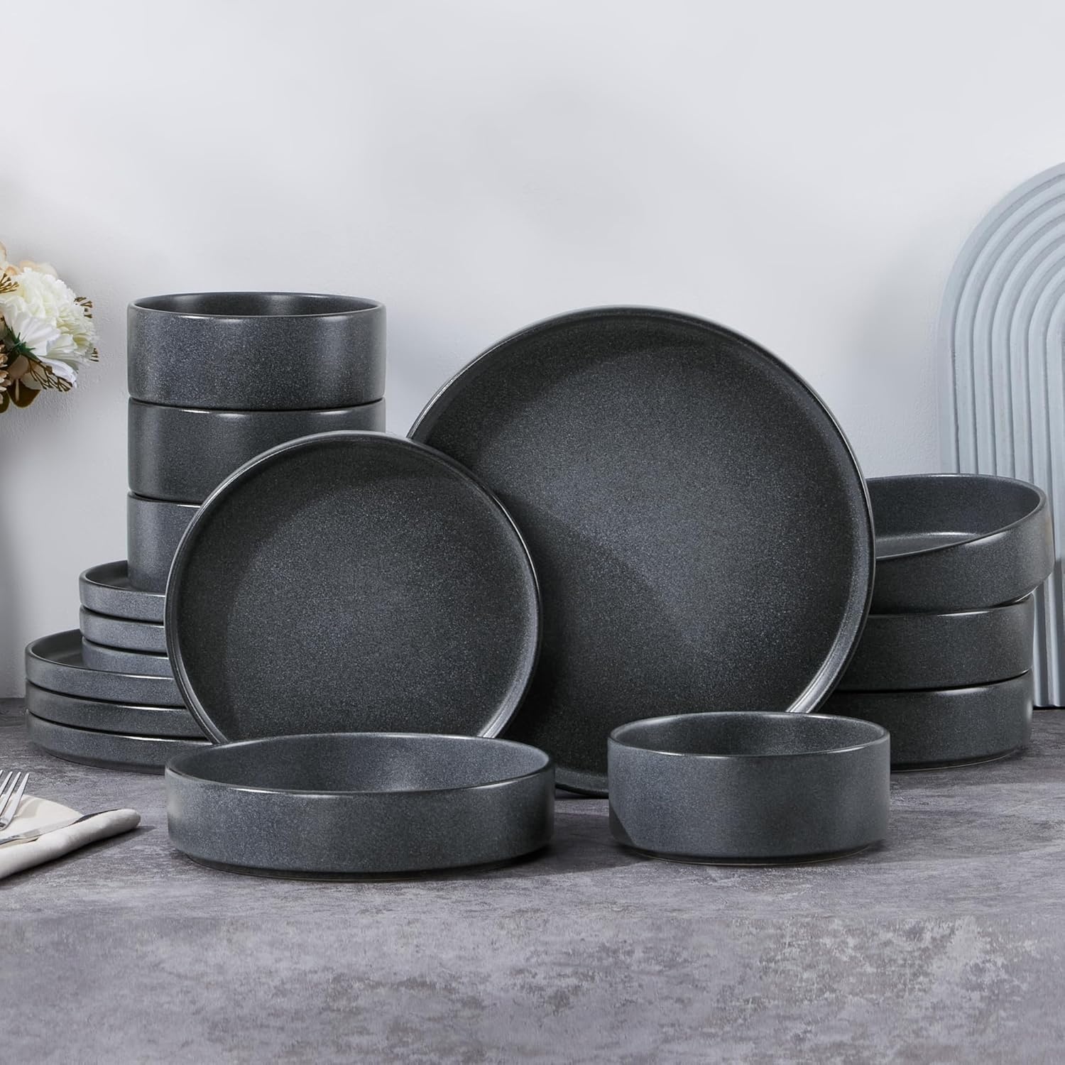 image:imageEfar 6Piece Stoneware Dinnerware Sets Plates and Bowls Set for 2 Kitchen Modern Dishes Set for Everyday amp Formal Chip and Scratch Resistant Microwave amp Dishwasher Safe Speckled GrayDeep Gray