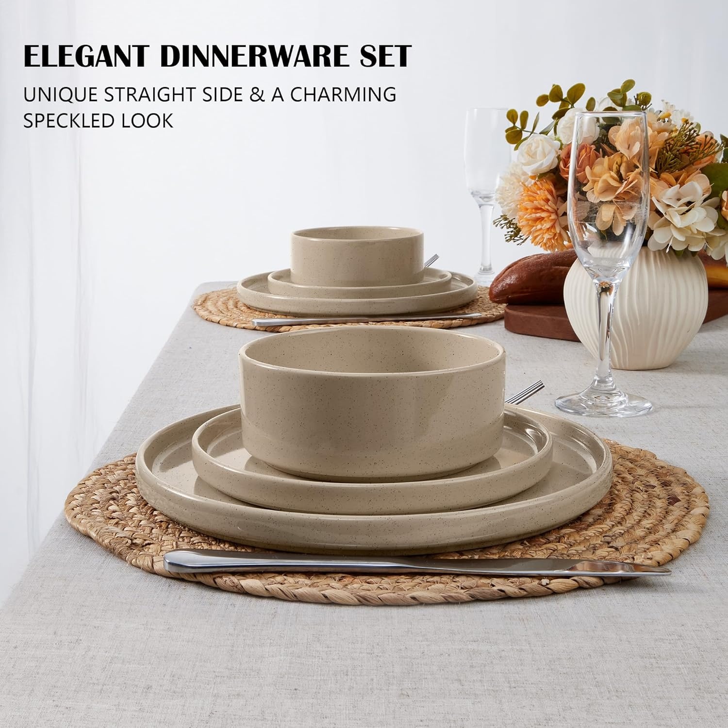 image:imageEfar 6Piece Stoneware Dinnerware Sets Plates and Bowls Set for 2 Kitchen Modern Dishes Set for Everyday amp Formal Chip and Scratch Resistant Microwave amp Dishwasher Safe Speckled GrayBright Khaki
