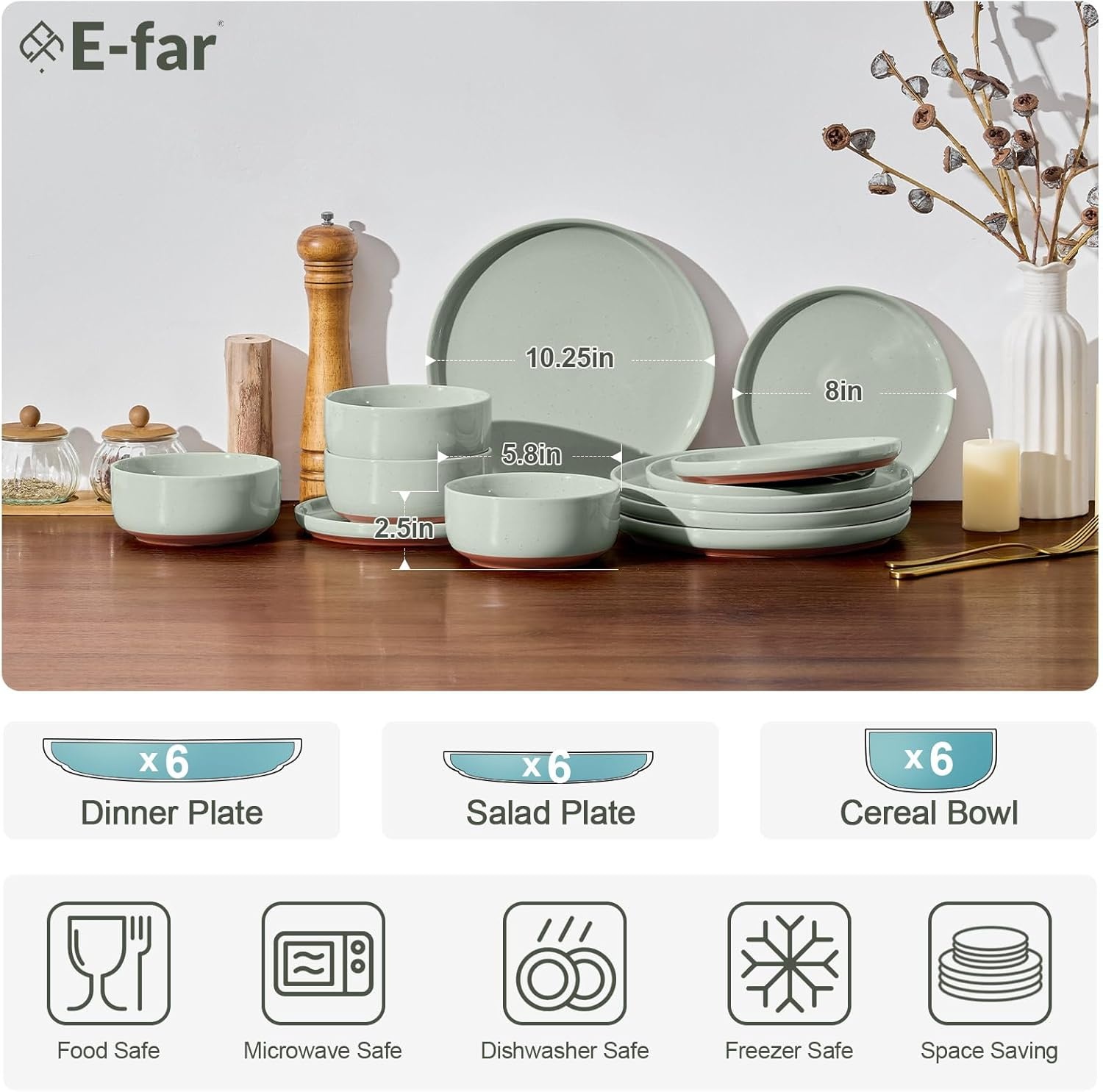 image:imageEfar 6Piece Stoneware Plates and Bowls Sets Dinnerware Sets for 2 Ceramic Dishware Dishes Set with Terracotta Base Chip amp Scratch Resistant Microwave amp Dishwasher Safe Matte BlackSage Green