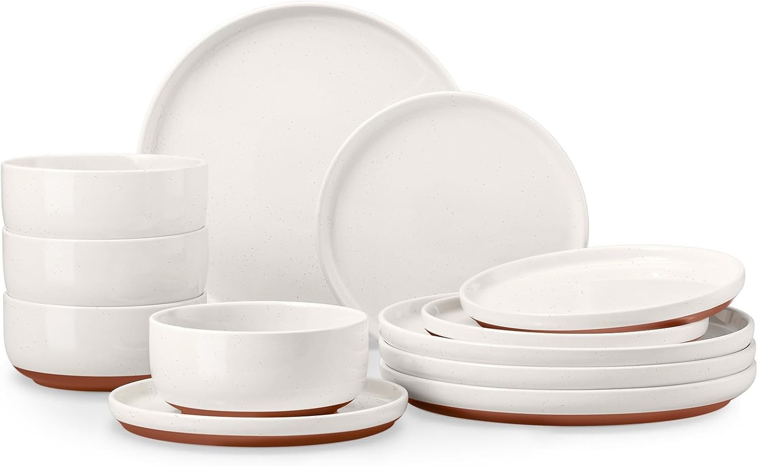 image:imageEfar 6Piece Stoneware Plates and Bowls Sets Dinnerware Sets for 2 Ceramic Dishware Dishes Set with Terracotta Base Chip amp Scratch Resistant Microwave amp Dishwasher Safe Matte BlackWhisper White