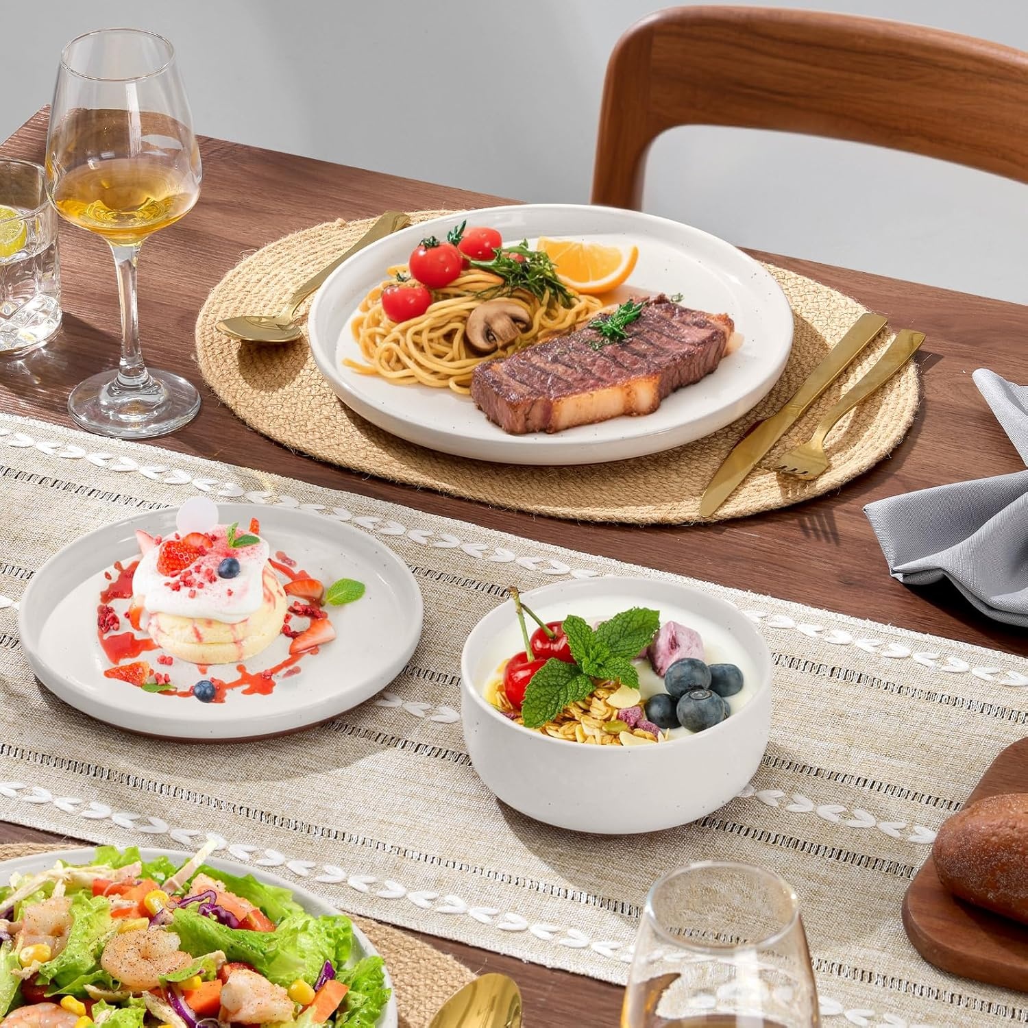 image:imageEfar 6Piece Stoneware Plates and Bowls Sets Dinnerware Sets for 2 Ceramic Dishware Dishes Set with Terracotta Base Chip amp Scratch Resistant Microwave amp Dishwasher Safe Matte BlackWhisper White
