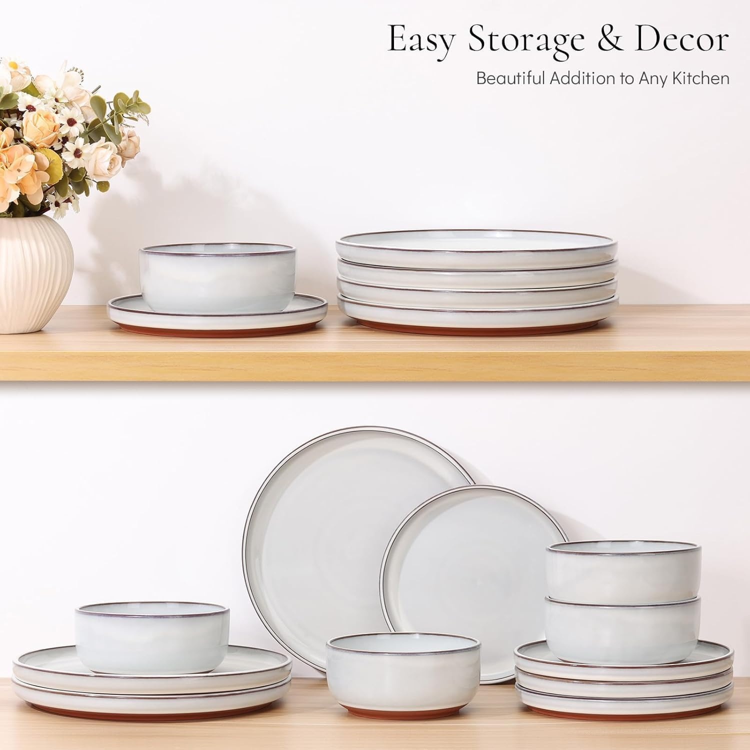 image:imageEfar 6Piece Stoneware Plates and Bowls Sets Dinnerware Sets for 2 Ceramic Dishware Dishes Set with Terracotta Base Chip amp Scratch Resistant Microwave amp Dishwasher Safe Matte BlackGlacier White