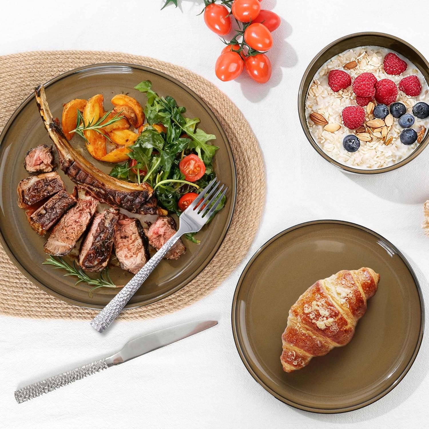image:imageEfar 6Piece Stoneware Plates and Bowls Sets Dinnerware Sets for 2 Ceramic Dishware Dishes Set with Terracotta Base Chip amp Scratch Resistant Microwave amp Dishwasher Safe Matte BlackDesert Camel