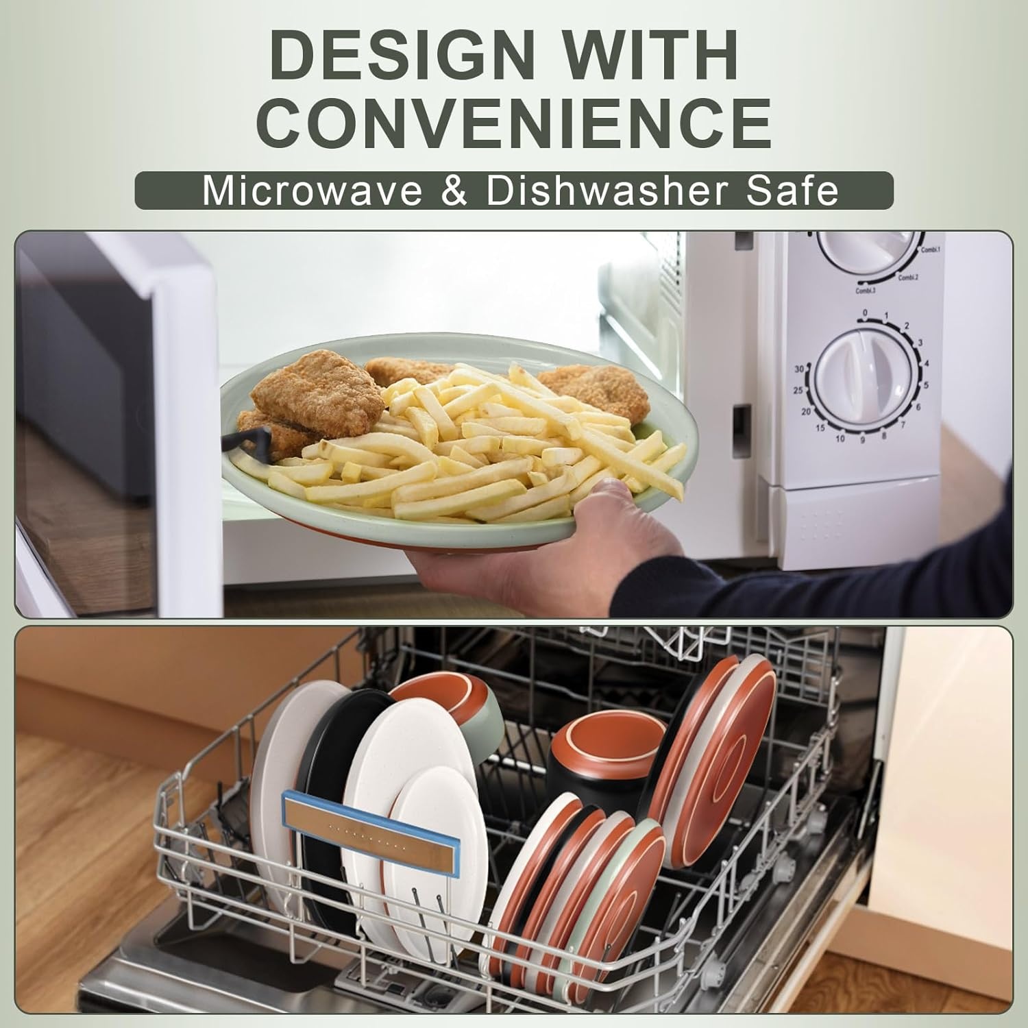 image:imageEfar 6Piece Stoneware Plates and Bowls Sets Dinnerware Sets for 2 Ceramic Dishware Dishes Set with Terracotta Base Chip amp Scratch Resistant Microwave amp Dishwasher Safe Matte BlackSage Green