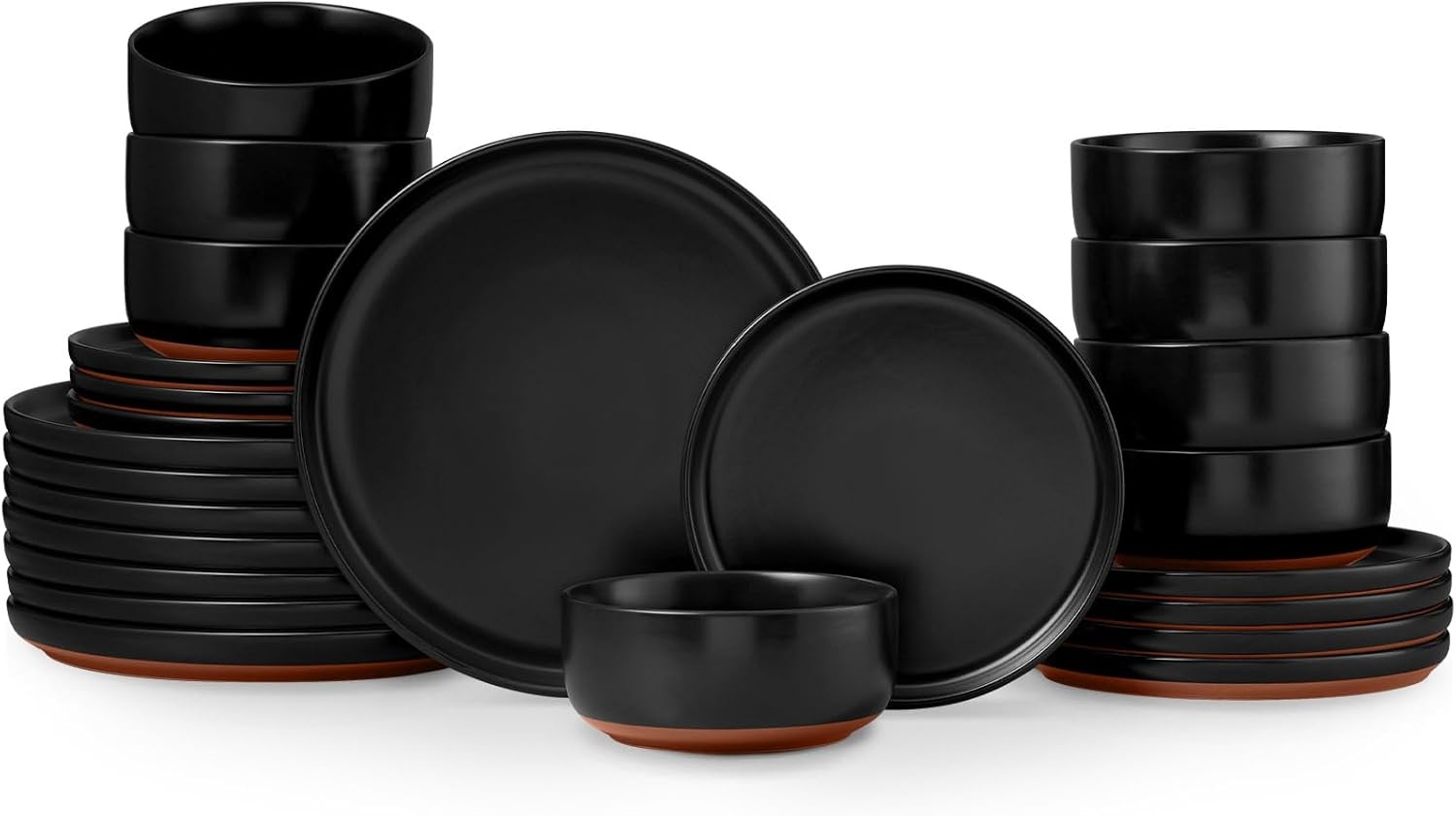 image:imageEfar 6Piece Stoneware Plates and Bowls Sets Dinnerware Sets for 2 Ceramic Dishware Dishes Set with Terracotta Base Chip amp Scratch Resistant Microwave amp Dishwasher Safe Matte BlackMatte Black