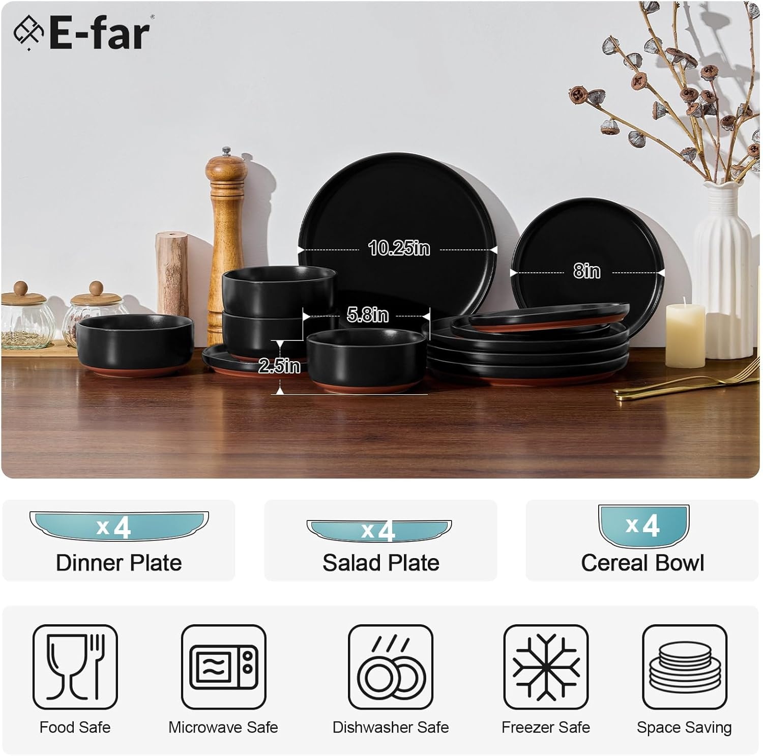 image:imageEfar 6Piece Stoneware Plates and Bowls Sets Dinnerware Sets for 2 Ceramic Dishware Dishes Set with Terracotta Base Chip amp Scratch Resistant Microwave amp Dishwasher Safe Matte BlackMatte Black