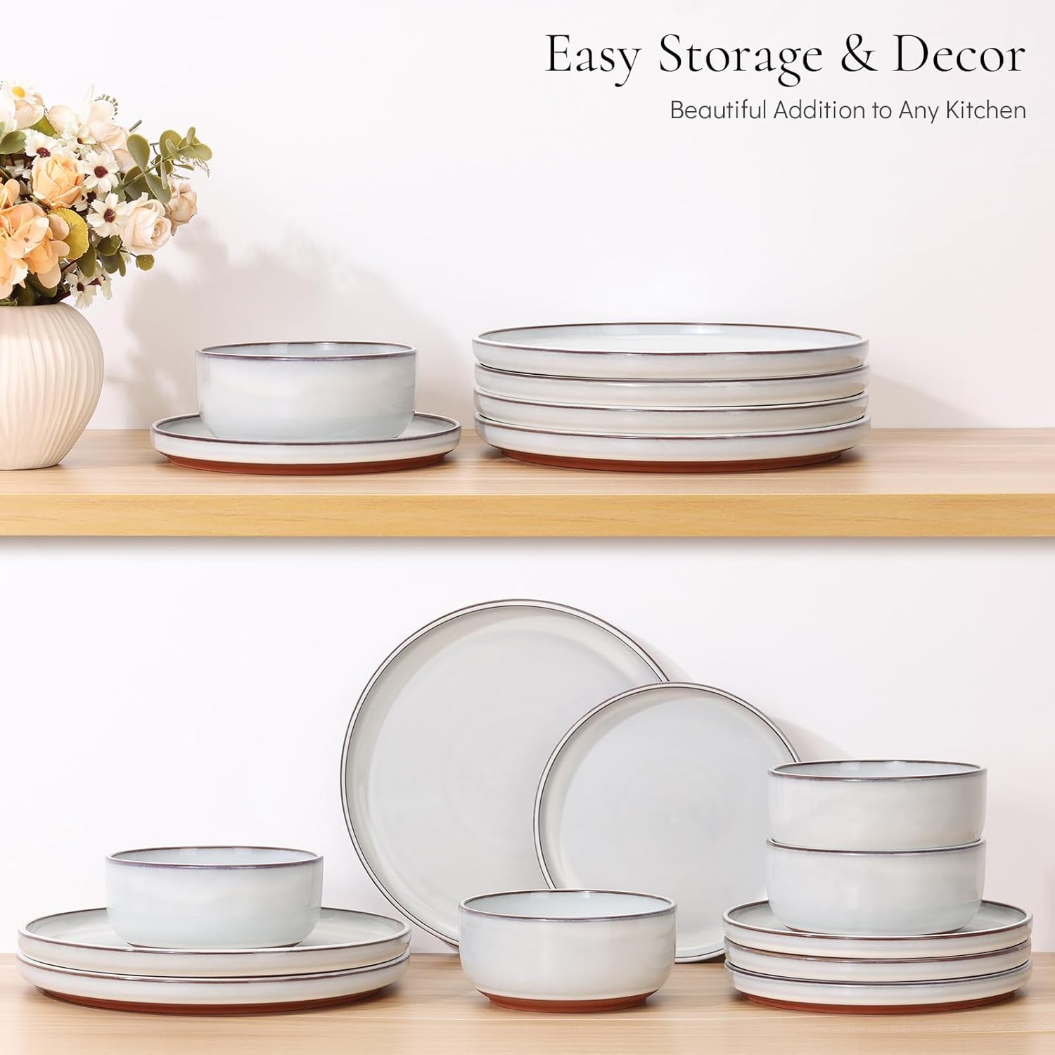 image:imageEfar 6Piece Stoneware Plates and Bowls Sets Dinnerware Sets for 2 Ceramic Dishware Dishes Set with Terracotta Base Chip amp Scratch Resistant Microwave amp Dishwasher Safe Matte BlackGlacier White