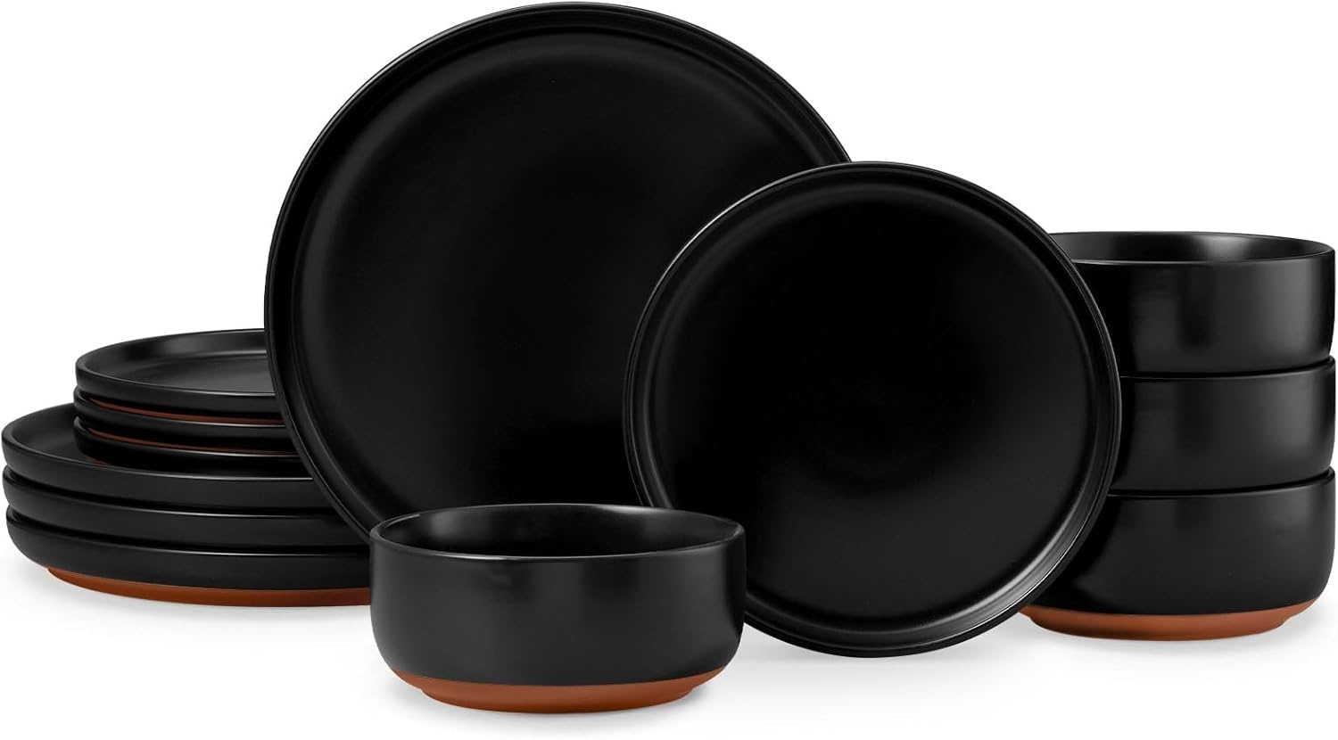 image:imageEfar 6Piece Stoneware Plates and Bowls Sets Dinnerware Sets for 2 Ceramic Dishware Dishes Set with Terracotta Base Chip amp Scratch Resistant Microwave amp Dishwasher Safe Matte BlackMatte Black
