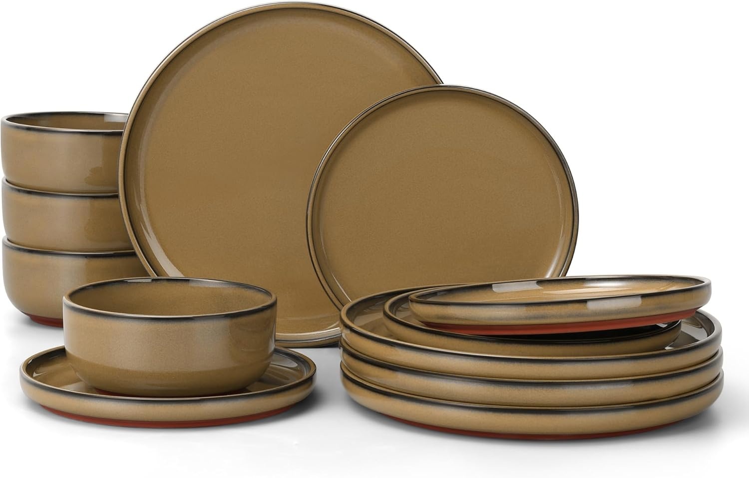 image:imageEfar 6Piece Stoneware Plates and Bowls Sets Dinnerware Sets for 2 Ceramic Dishware Dishes Set with Terracotta Base Chip amp Scratch Resistant Microwave amp Dishwasher Safe Matte BlackDesert Camel