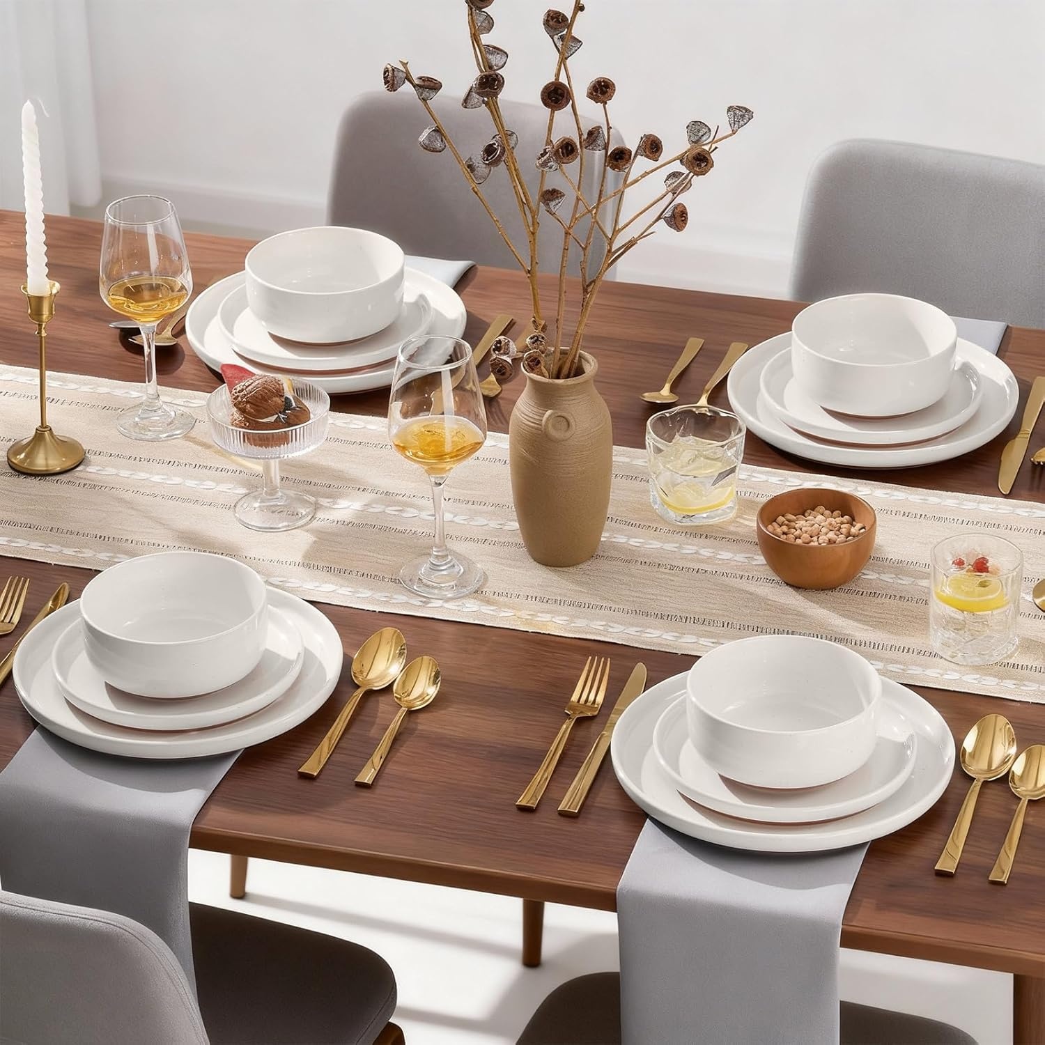 image:imageEfar 6Piece Stoneware Plates and Bowls Sets Dinnerware Sets for 2 Ceramic Dishware Dishes Set with Terracotta Base Chip amp Scratch Resistant Microwave amp Dishwasher Safe Matte BlackWhisper White