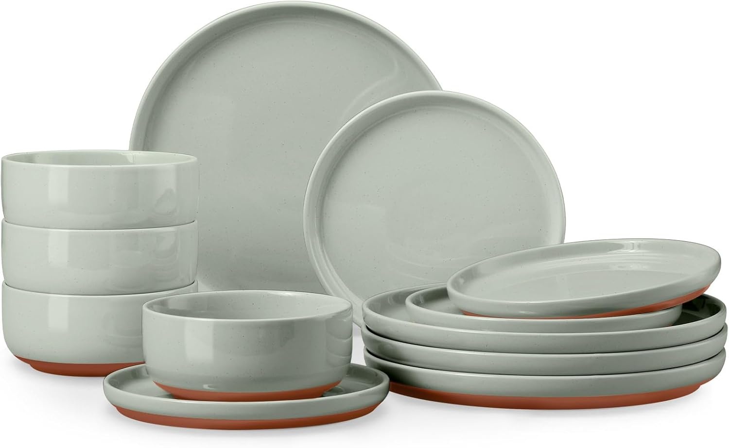image:imageEfar 6Piece Stoneware Plates and Bowls Sets Dinnerware Sets for 2 Ceramic Dishware Dishes Set with Terracotta Base Chip amp Scratch Resistant Microwave amp Dishwasher Safe Matte BlackSage Green