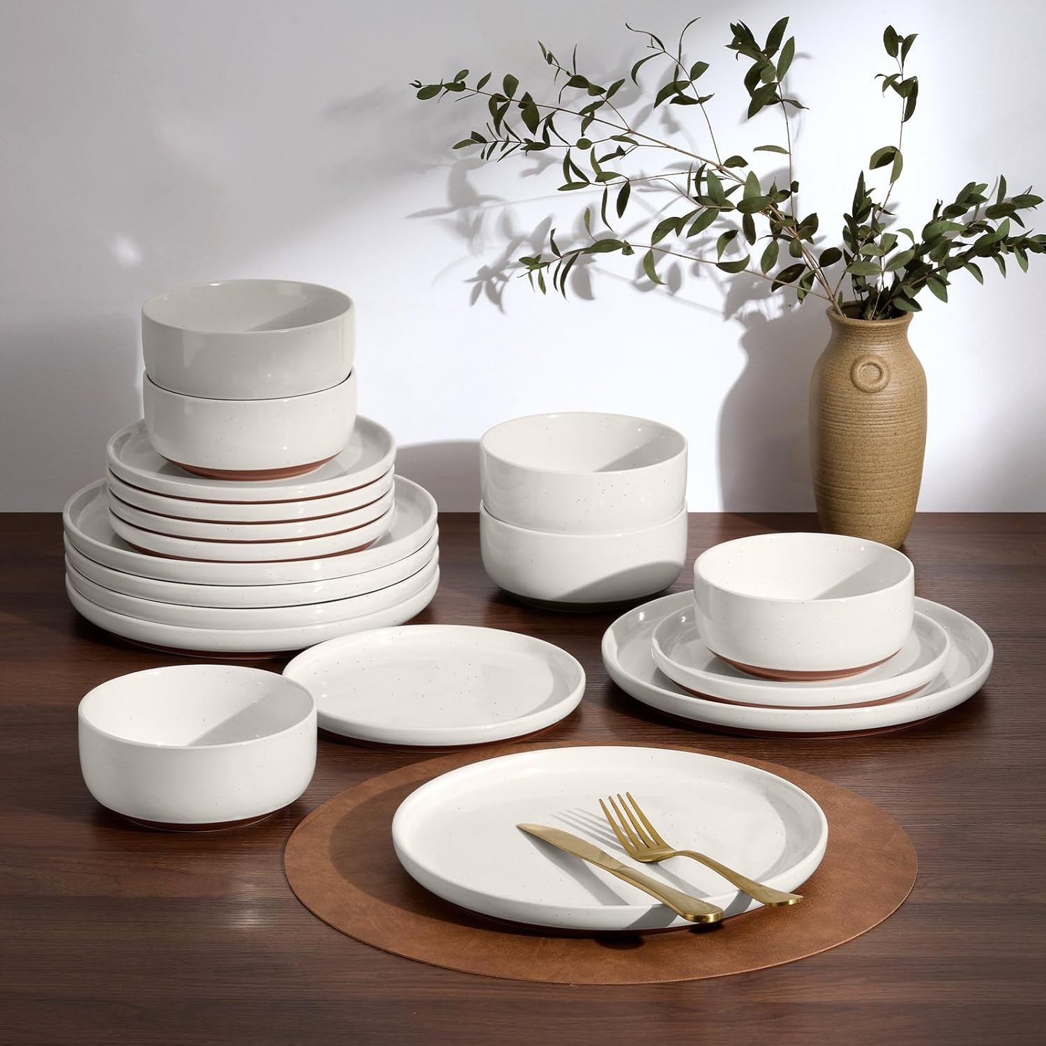 image:imageEfar 6Piece Stoneware Plates and Bowls Sets Dinnerware Sets for 2 Ceramic Dishware Dishes Set with Terracotta Base Chip amp Scratch Resistant Microwave amp Dishwasher Safe Matte BlackWhisper White