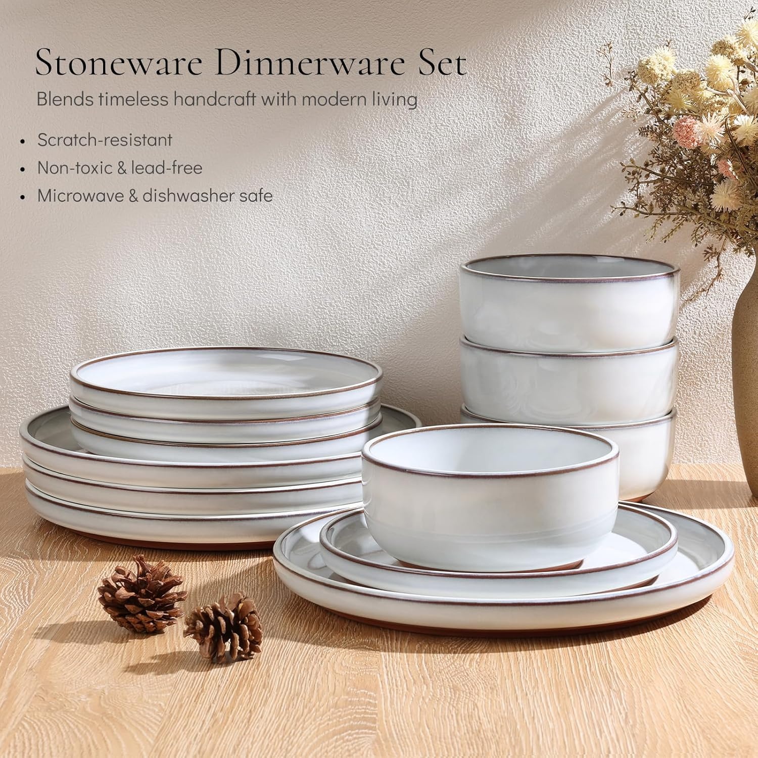 image:imageEfar 6Piece Stoneware Plates and Bowls Sets Dinnerware Sets for 2 Ceramic Dishware Dishes Set with Terracotta Base Chip amp Scratch Resistant Microwave amp Dishwasher Safe Matte BlackGlacier White