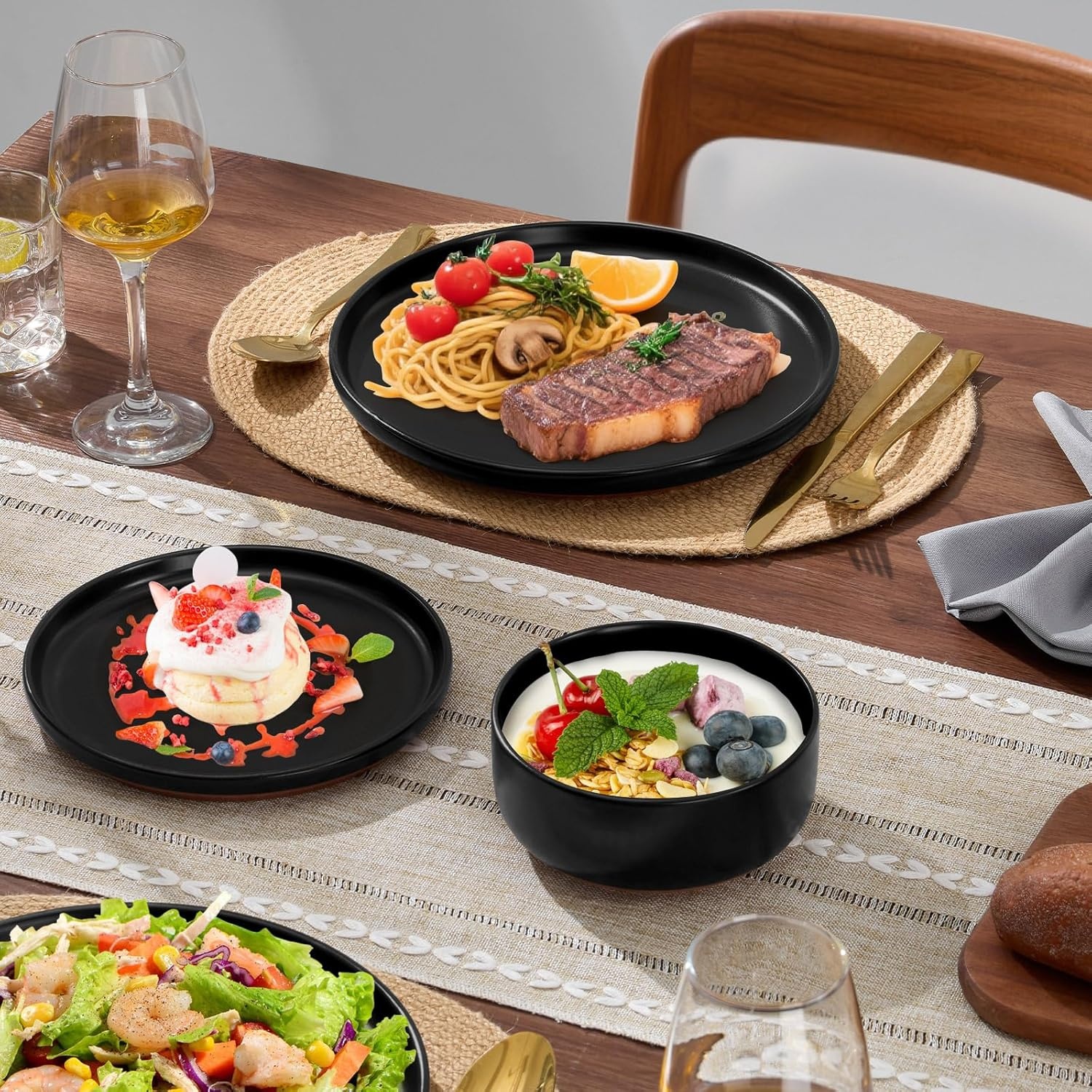 image:imageEfar 6Piece Stoneware Plates and Bowls Sets Dinnerware Sets for 2 Ceramic Dishware Dishes Set with Terracotta Base Chip amp Scratch Resistant Microwave amp Dishwasher Safe Matte BlackMatte Black