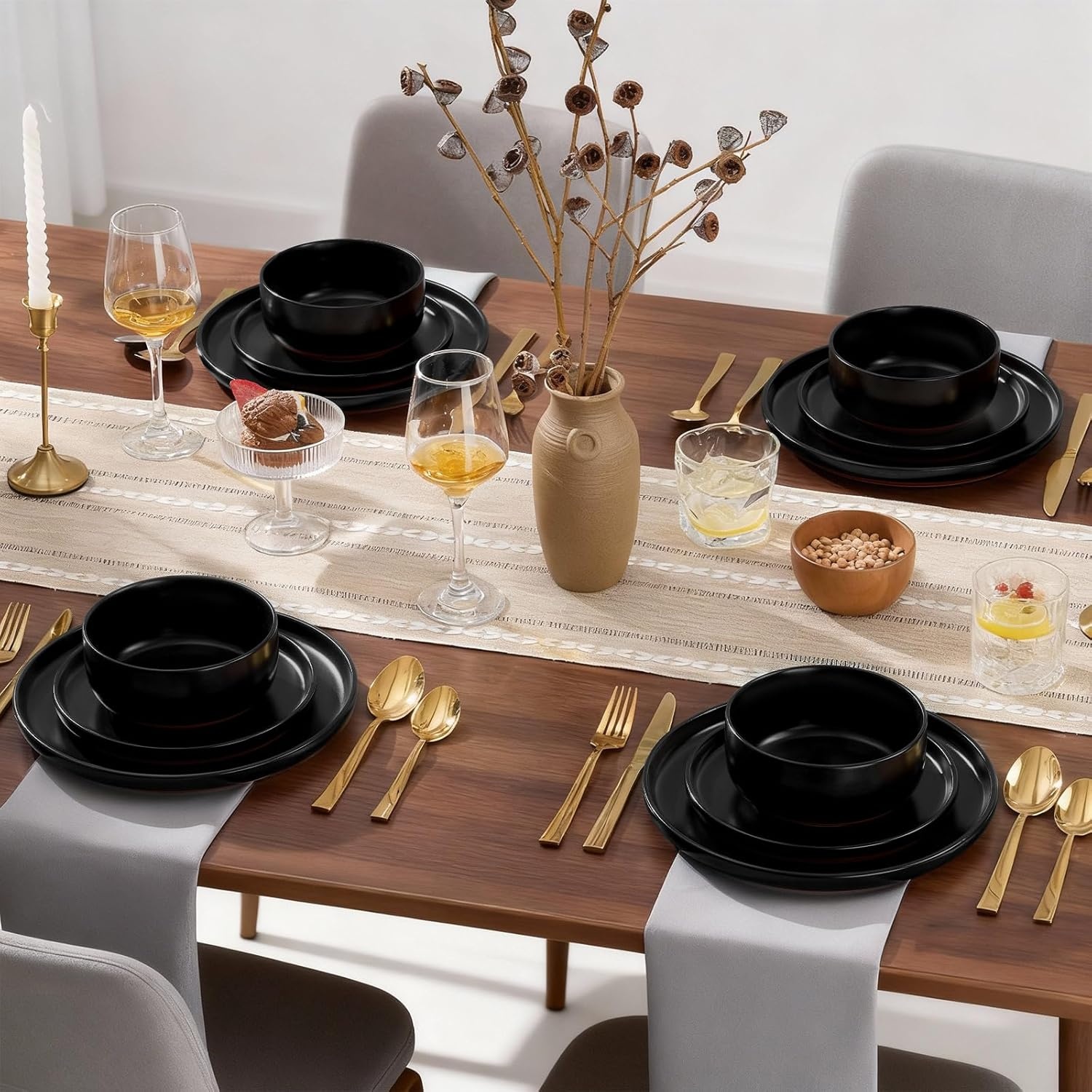 image:imageEfar 6Piece Stoneware Plates and Bowls Sets Dinnerware Sets for 2 Ceramic Dishware Dishes Set with Terracotta Base Chip amp Scratch Resistant Microwave amp Dishwasher Safe Matte BlackMatte Black