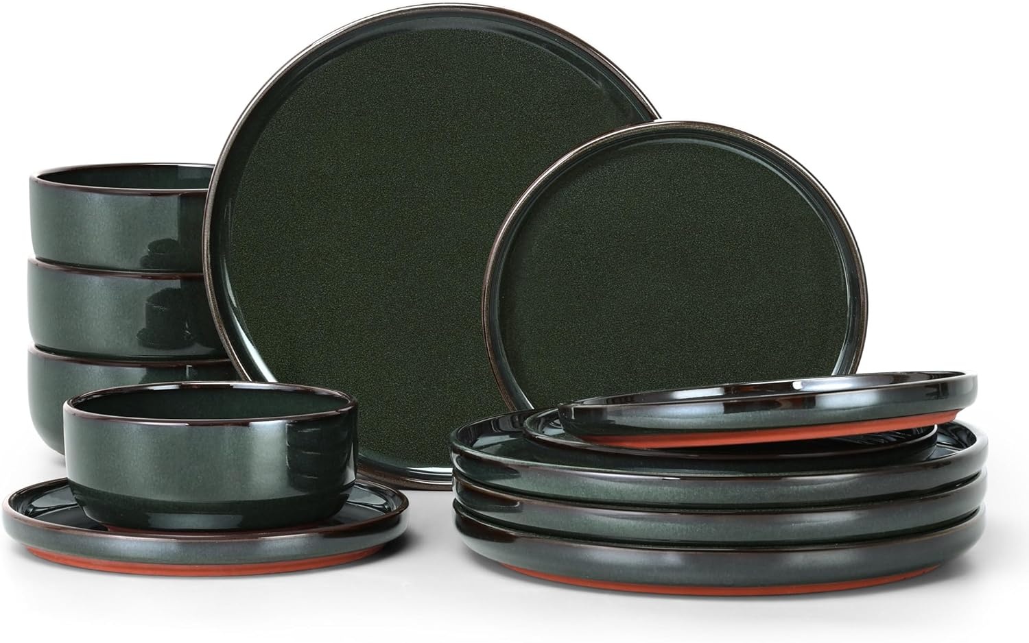 image:imageEfar 6Piece Stoneware Plates and Bowls Sets Dinnerware Sets for 2 Ceramic Dishware Dishes Set with Terracotta Base Chip amp Scratch Resistant Microwave amp Dishwasher Safe Matte BlackBlackish Green
