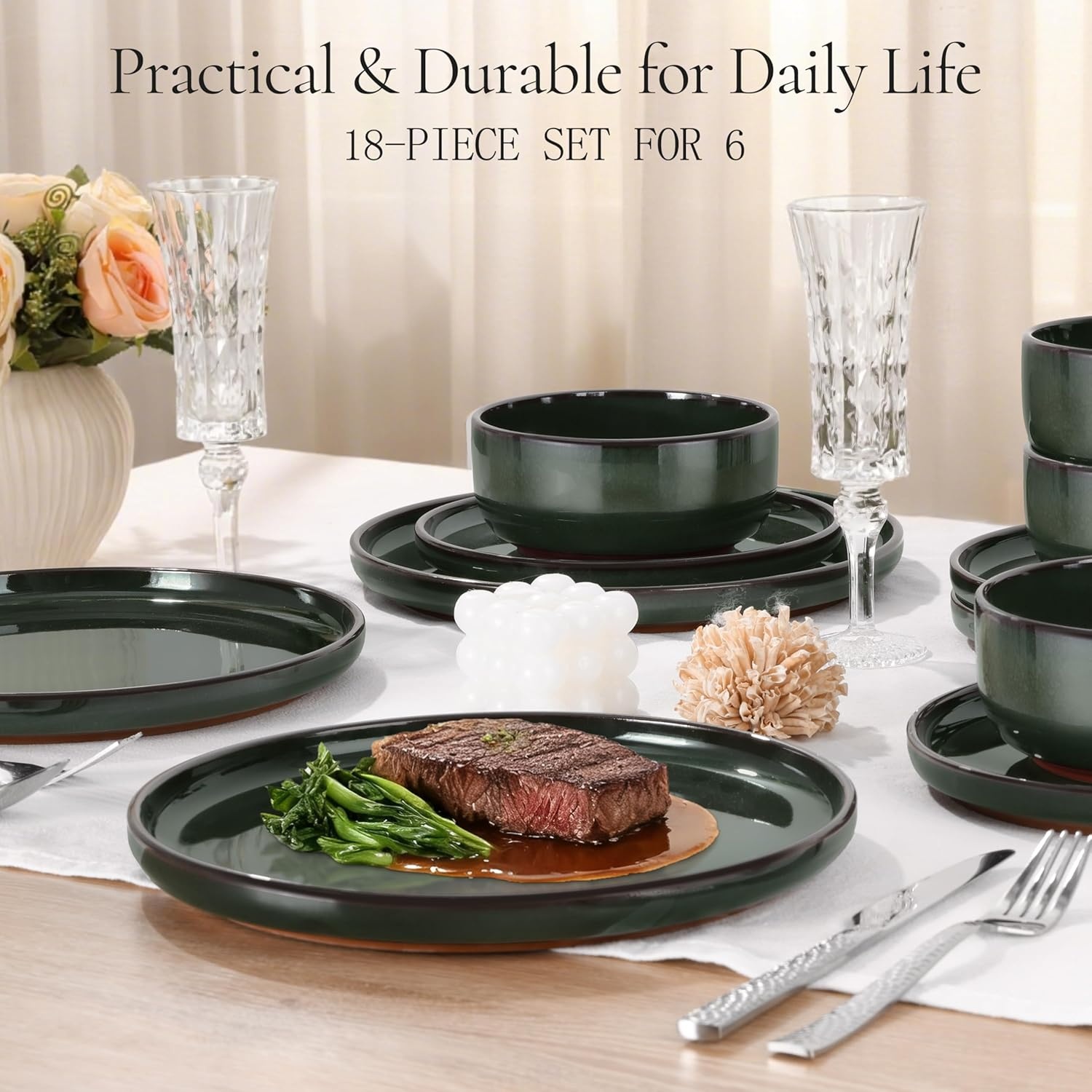 image:imageEfar 6Piece Stoneware Plates and Bowls Sets Dinnerware Sets for 2 Ceramic Dishware Dishes Set with Terracotta Base Chip amp Scratch Resistant Microwave amp Dishwasher Safe Matte BlackBlackish Green