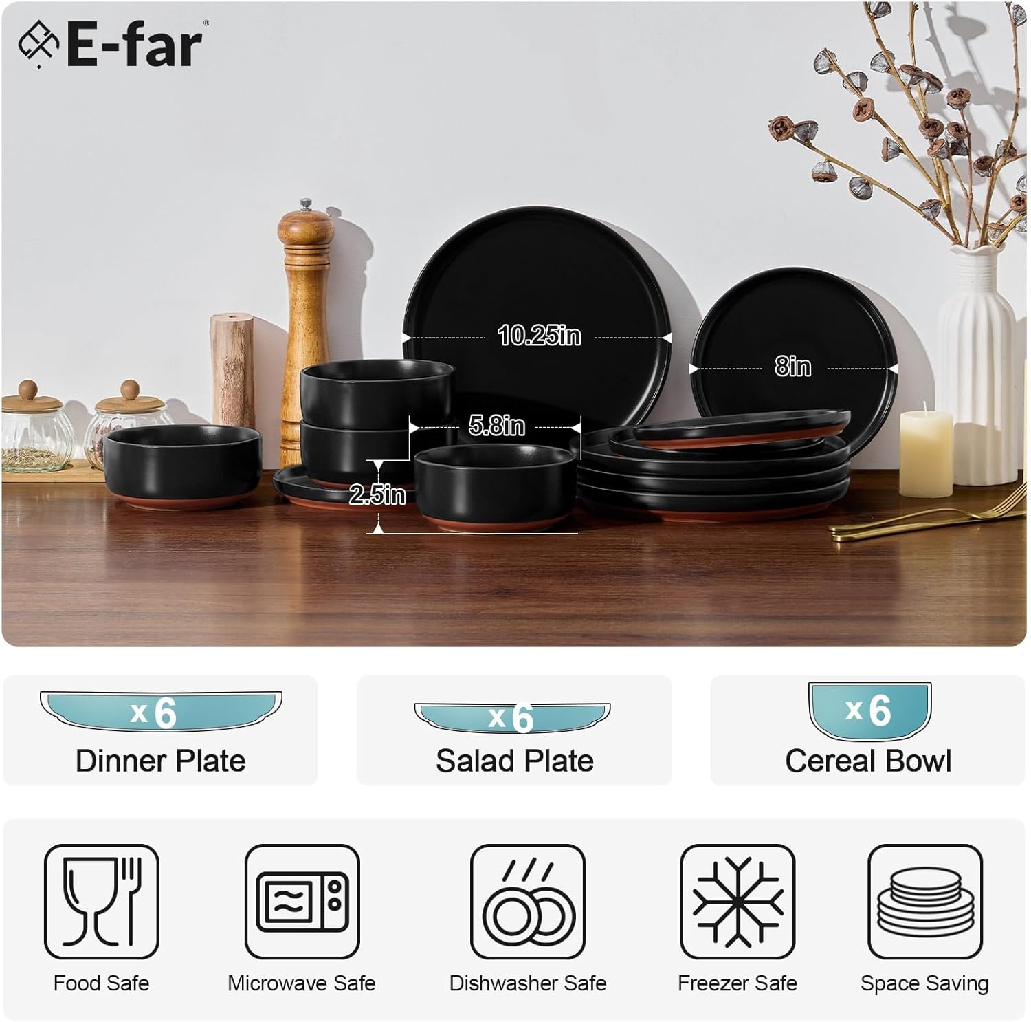 image:imageEfar 6Piece Stoneware Plates and Bowls Sets Dinnerware Sets for 2 Ceramic Dishware Dishes Set with Terracotta Base Chip amp Scratch Resistant Microwave amp Dishwasher Safe Matte BlackMatte Black