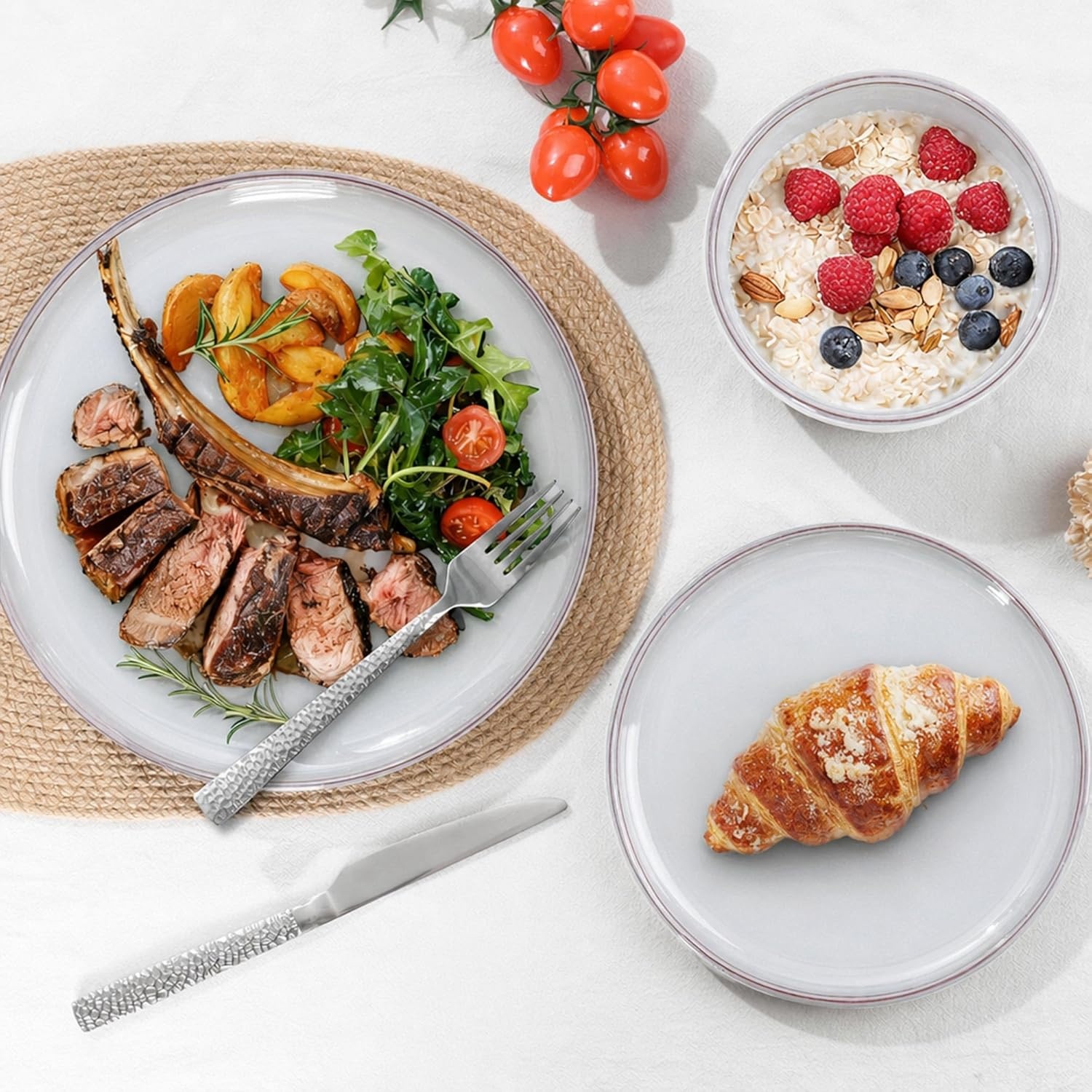 image:imageEfar 6Piece Stoneware Plates and Bowls Sets Dinnerware Sets for 2 Ceramic Dishware Dishes Set with Terracotta Base Chip amp Scratch Resistant Microwave amp Dishwasher Safe Matte BlackGlacier White