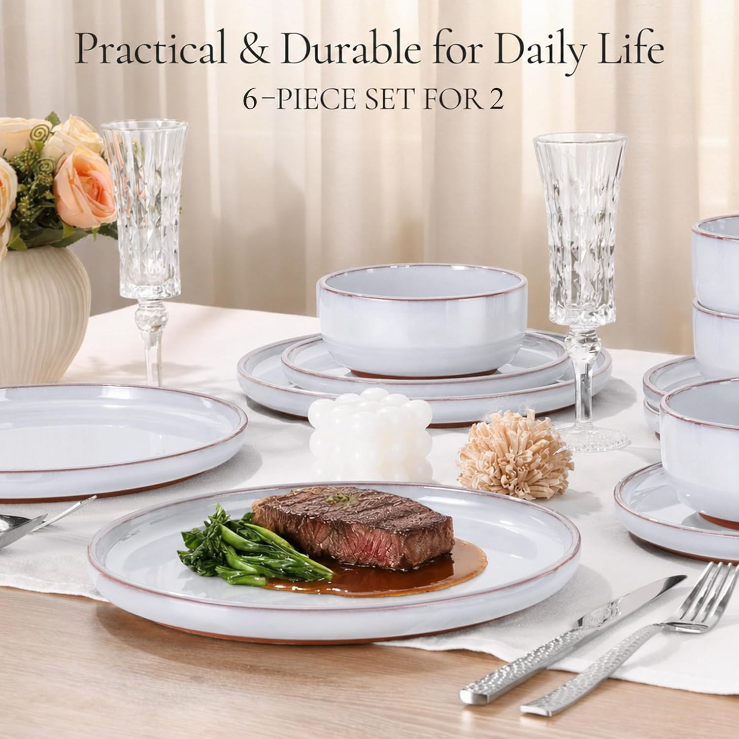 image:imageEfar 6Piece Stoneware Plates and Bowls Sets Dinnerware Sets for 2 Ceramic Dishware Dishes Set with Terracotta Base Chip amp Scratch Resistant Microwave amp Dishwasher Safe Matte BlackGlacier White