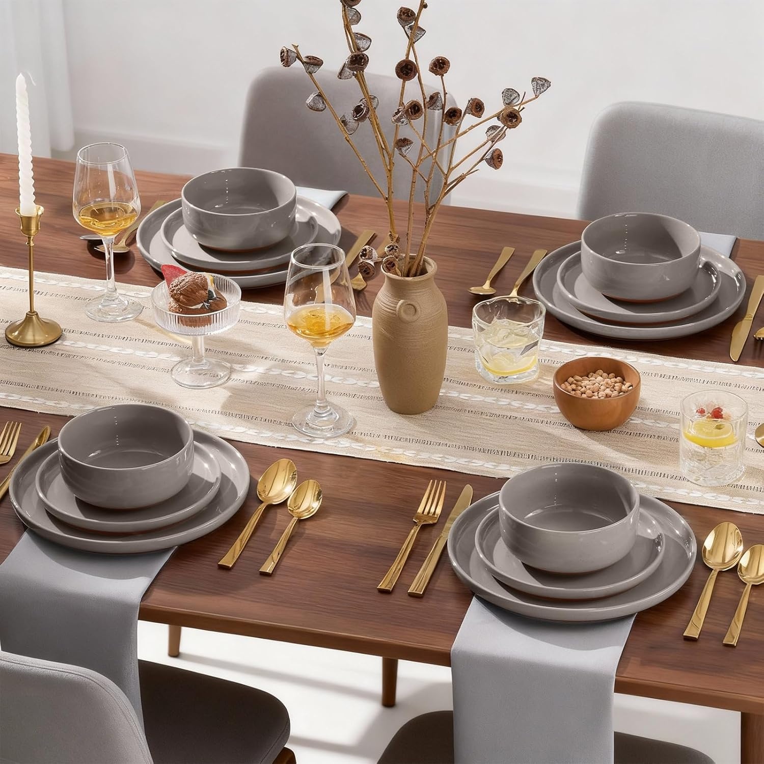 image:imageEfar 6Piece Stoneware Plates and Bowls Sets Dinnerware Sets for 2 Ceramic Dishware Dishes Set with Terracotta Base Chip amp Scratch Resistant Microwave amp Dishwasher Safe Matte BlackWarm Taupe