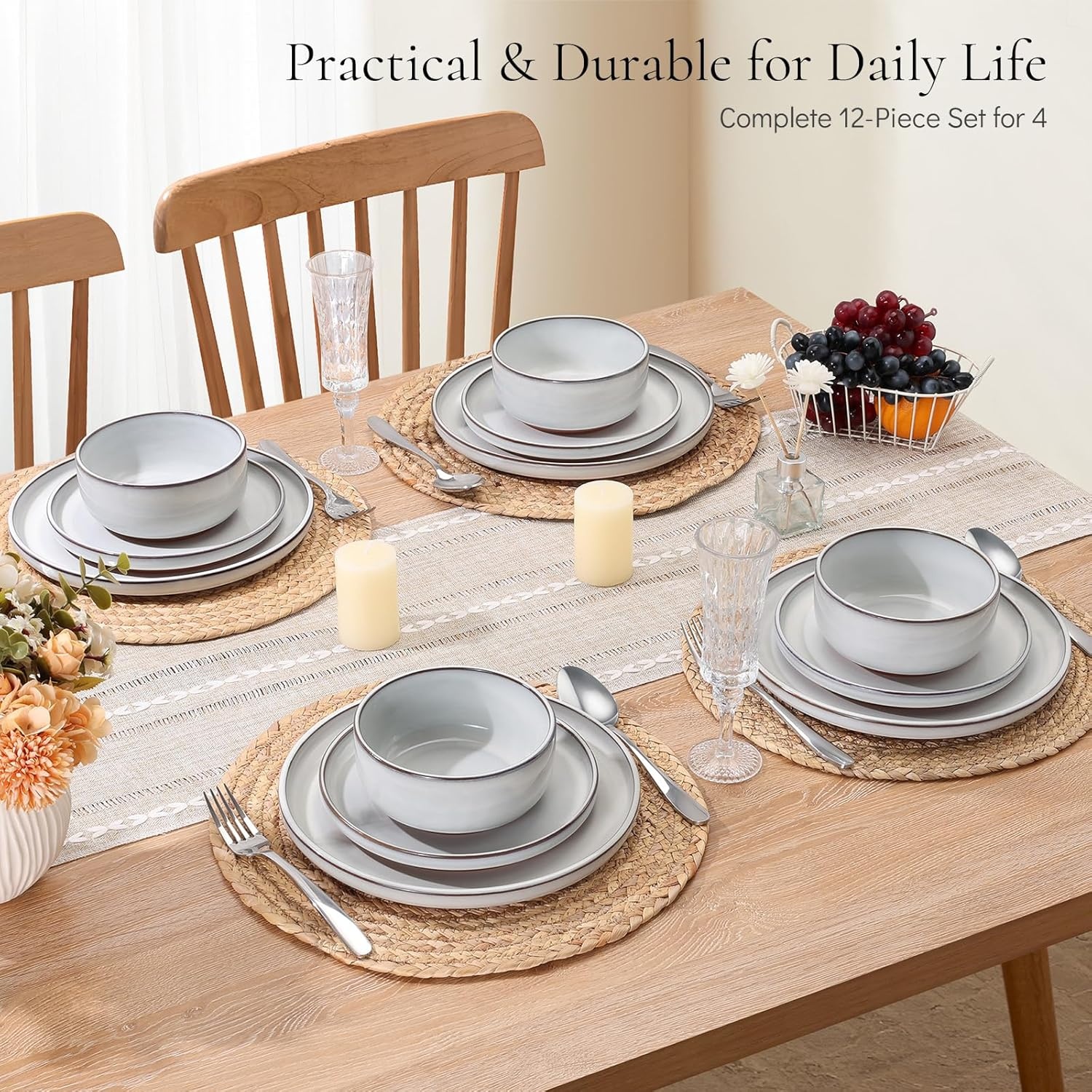 image:imageEfar 6Piece Stoneware Plates and Bowls Sets Dinnerware Sets for 2 Ceramic Dishware Dishes Set with Terracotta Base Chip amp Scratch Resistant Microwave amp Dishwasher Safe Matte BlackGlacier White