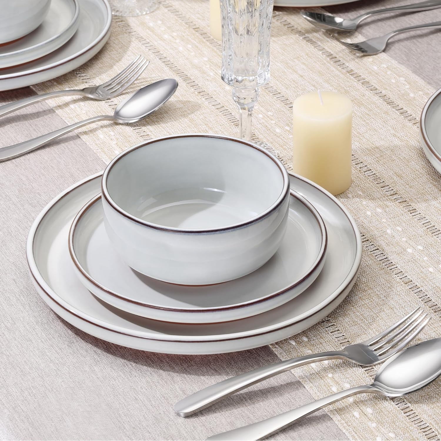 image:imageEfar 6Piece Stoneware Plates and Bowls Sets Dinnerware Sets for 2 Ceramic Dishware Dishes Set with Terracotta Base Chip amp Scratch Resistant Microwave amp Dishwasher Safe Matte BlackGlacier White
