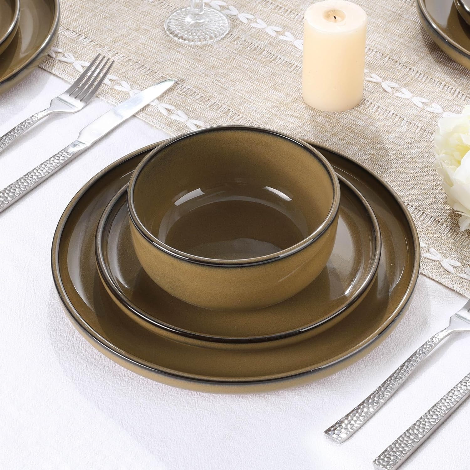 image:imageEfar 6Piece Stoneware Plates and Bowls Sets Dinnerware Sets for 2 Ceramic Dishware Dishes Set with Terracotta Base Chip amp Scratch Resistant Microwave amp Dishwasher Safe Matte BlackDesert Camel