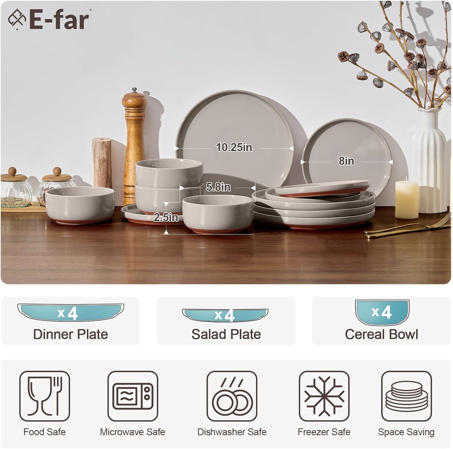 image:imageEfar 6Piece Stoneware Plates and Bowls Sets Dinnerware Sets for 2 Ceramic Dishware Dishes Set with Terracotta Base Chip amp Scratch Resistant Microwave amp Dishwasher Safe Matte BlackWarm Taupe