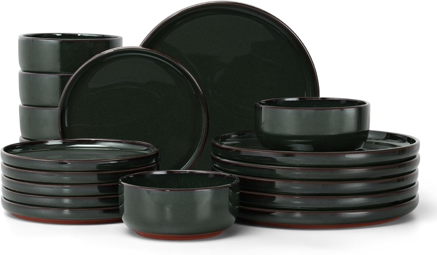 image:imageEfar 6Piece Stoneware Plates and Bowls Sets Dinnerware Sets for 2 Ceramic Dishware Dishes Set with Terracotta Base Chip amp Scratch Resistant Microwave amp Dishwasher Safe Matte BlackBlackish Green