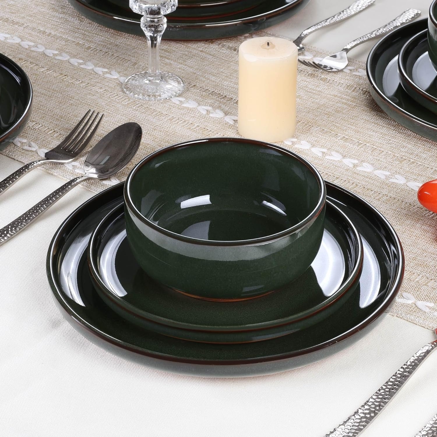 image:imageEfar 6Piece Stoneware Plates and Bowls Sets Dinnerware Sets for 2 Ceramic Dishware Dishes Set with Terracotta Base Chip amp Scratch Resistant Microwave amp Dishwasher Safe Matte BlackBlackish Green