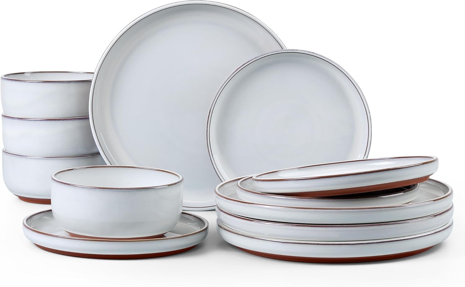 image:imageEfar 6Piece Stoneware Plates and Bowls Sets Dinnerware Sets for 2 Ceramic Dishware Dishes Set with Terracotta Base Chip amp Scratch Resistant Microwave amp Dishwasher Safe Matte BlackGlacier White