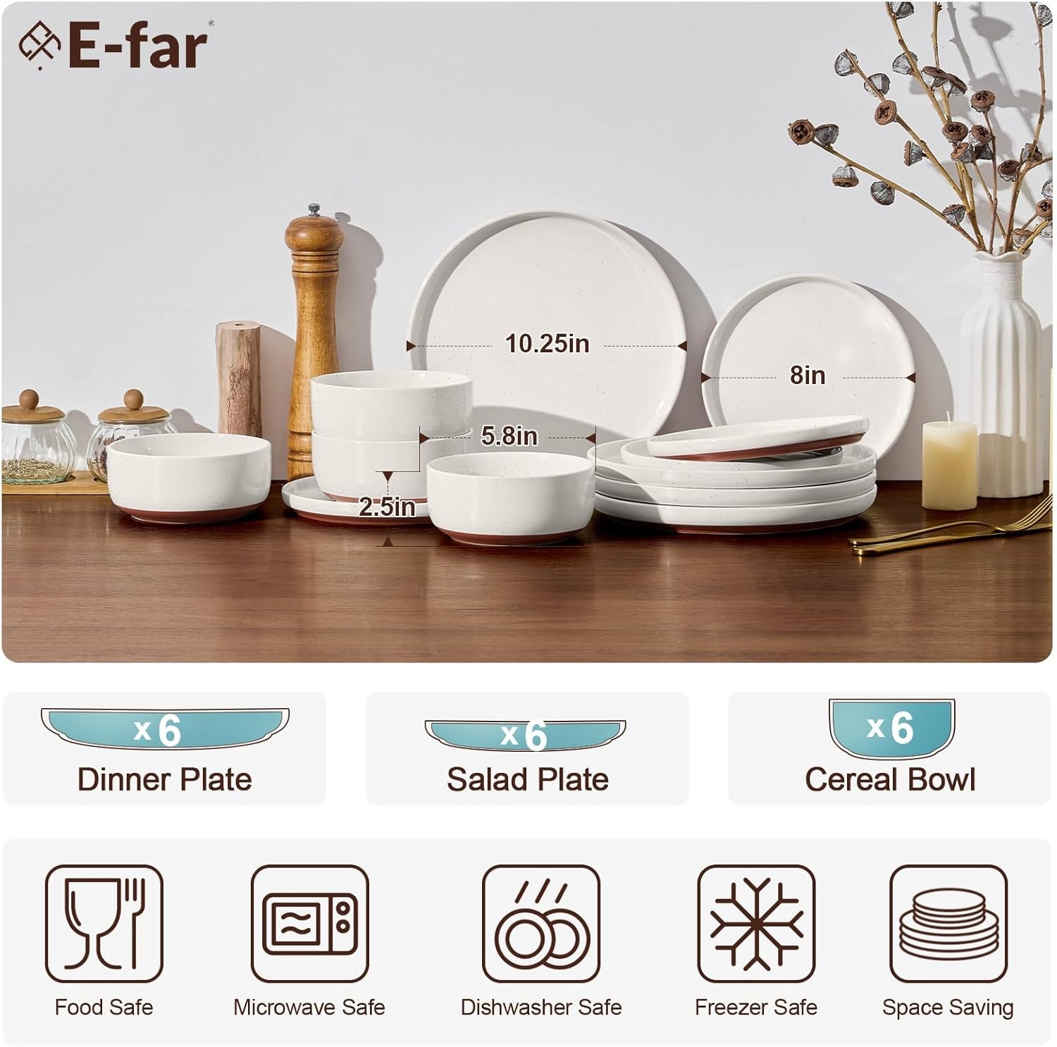 image:imageEfar 6Piece Stoneware Plates and Bowls Sets Dinnerware Sets for 2 Ceramic Dishware Dishes Set with Terracotta Base Chip amp Scratch Resistant Microwave amp Dishwasher Safe Matte BlackWhisper White