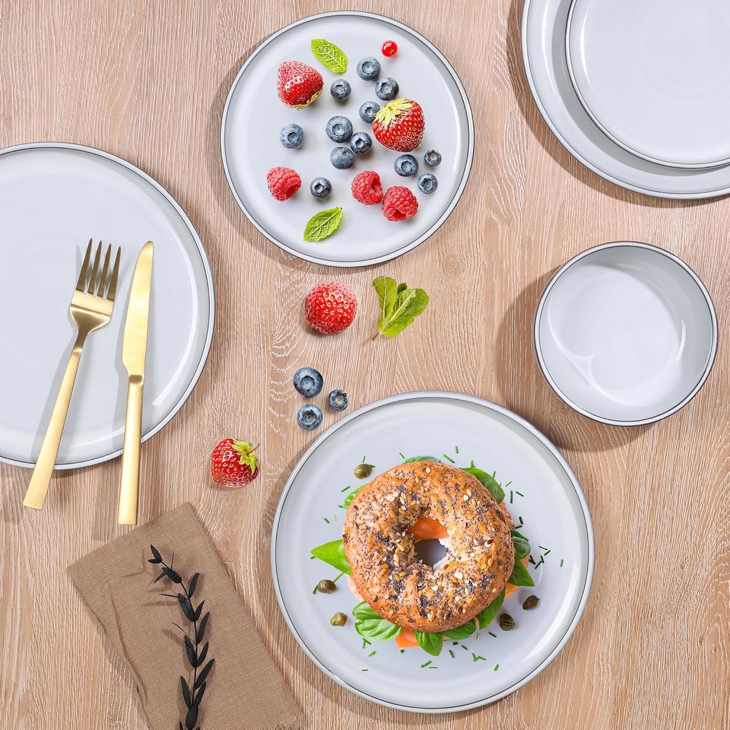 image:imageEfar 6Piece Stoneware Plates and Bowls Sets Dinnerware Sets for 2 Ceramic Dishware Dishes Set with Terracotta Base Chip amp Scratch Resistant Microwave amp Dishwasher Safe Matte BlackGlacier White
